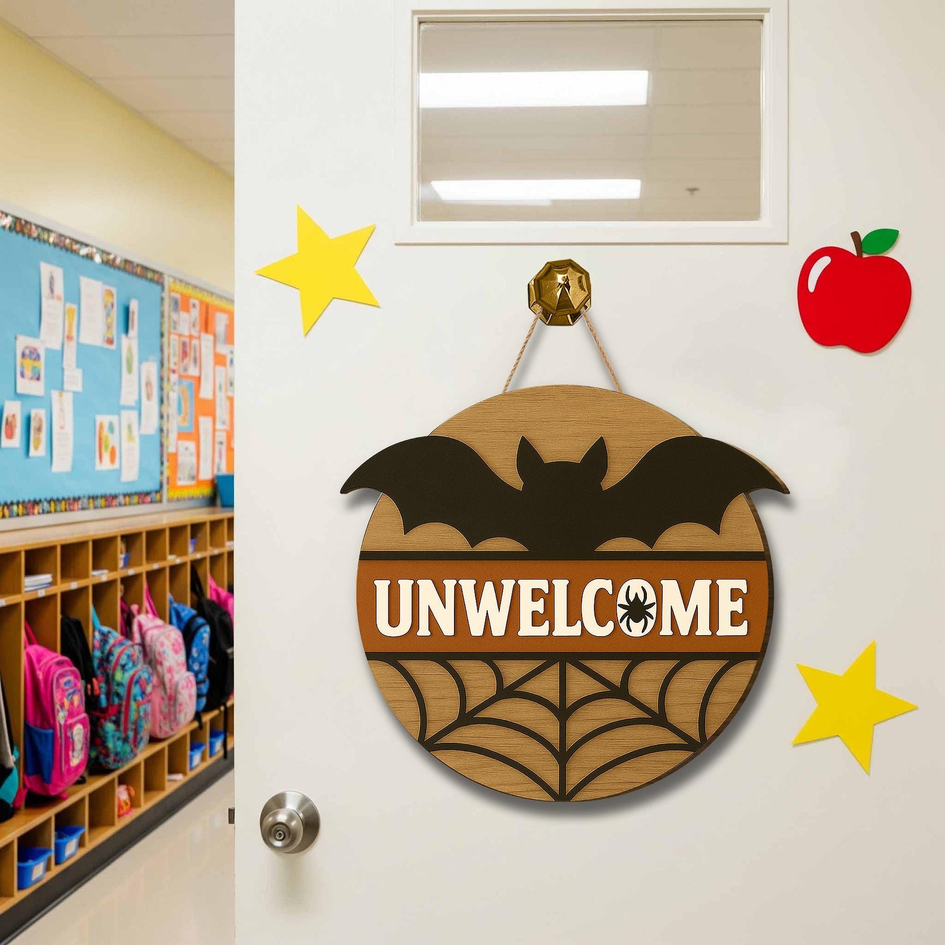 Halloween Door Hanger, Funny Unwelcome Sign, Bat Spider Web Decor, Rustic Fall Door Sign, Spooky Classroom Wall Hanging