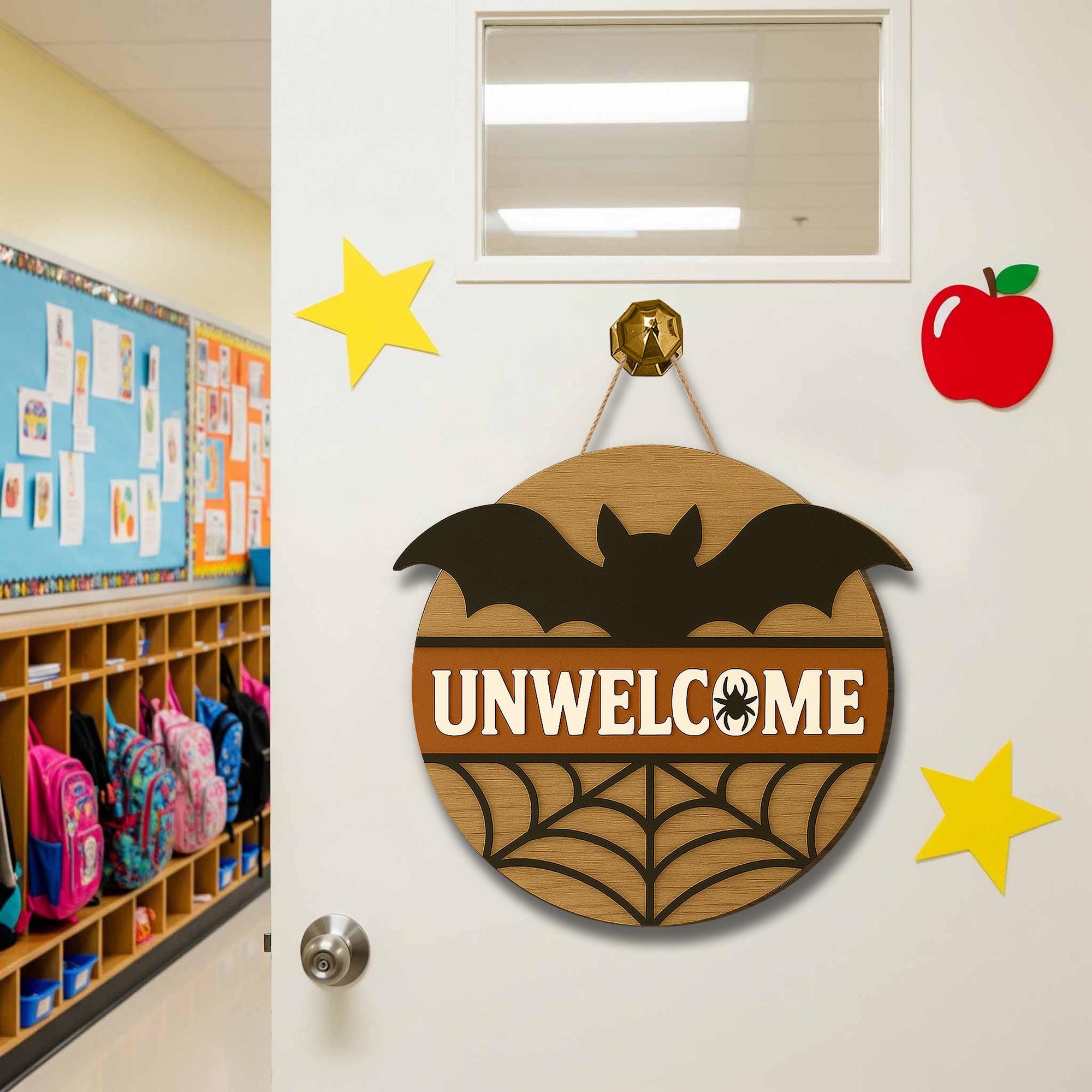 Halloween Door Hanger, Funny Unwelcome Sign, Bat Spider Web Decor, Rustic Fall Door Sign, Spooky Classroom Wall Hanging