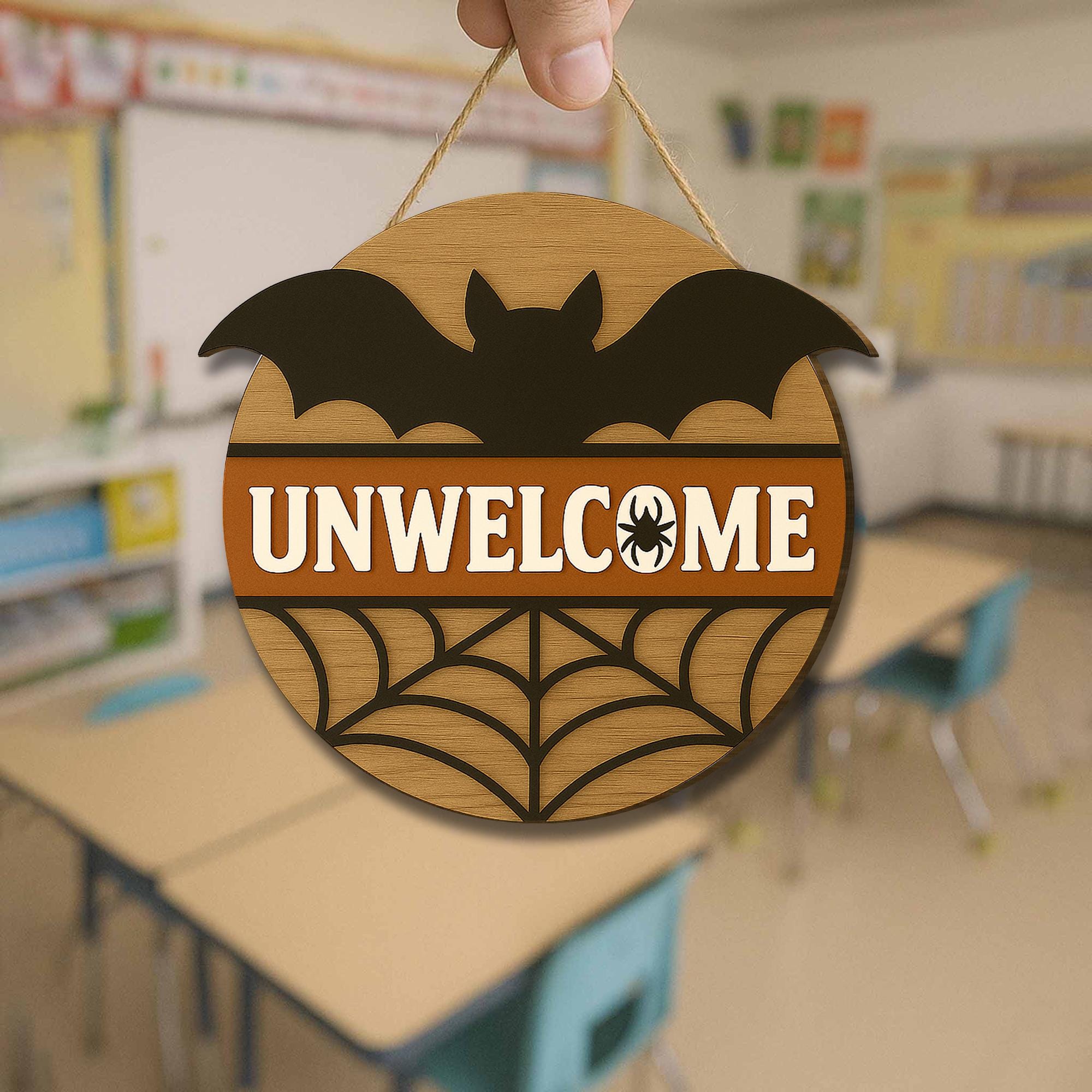 Halloween Door Hanger, Funny Unwelcome Sign, Bat Spider Web Decor, Rustic Fall Door Sign, Spooky Classroom Wall Hanging