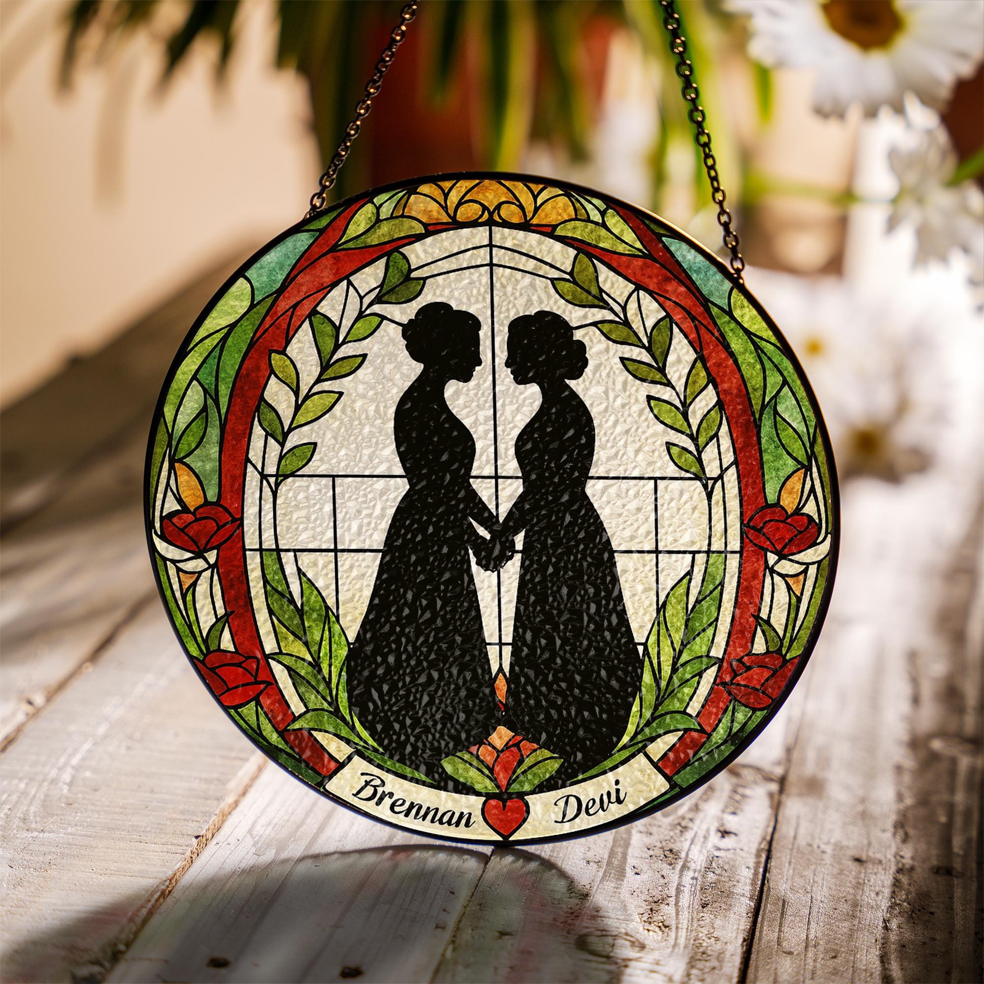 Custom Lesbian Wedding Suncatcher - Personalized Glass Window Hanging - LGBTQ+ Brides Gift - Romantic Couple Decor