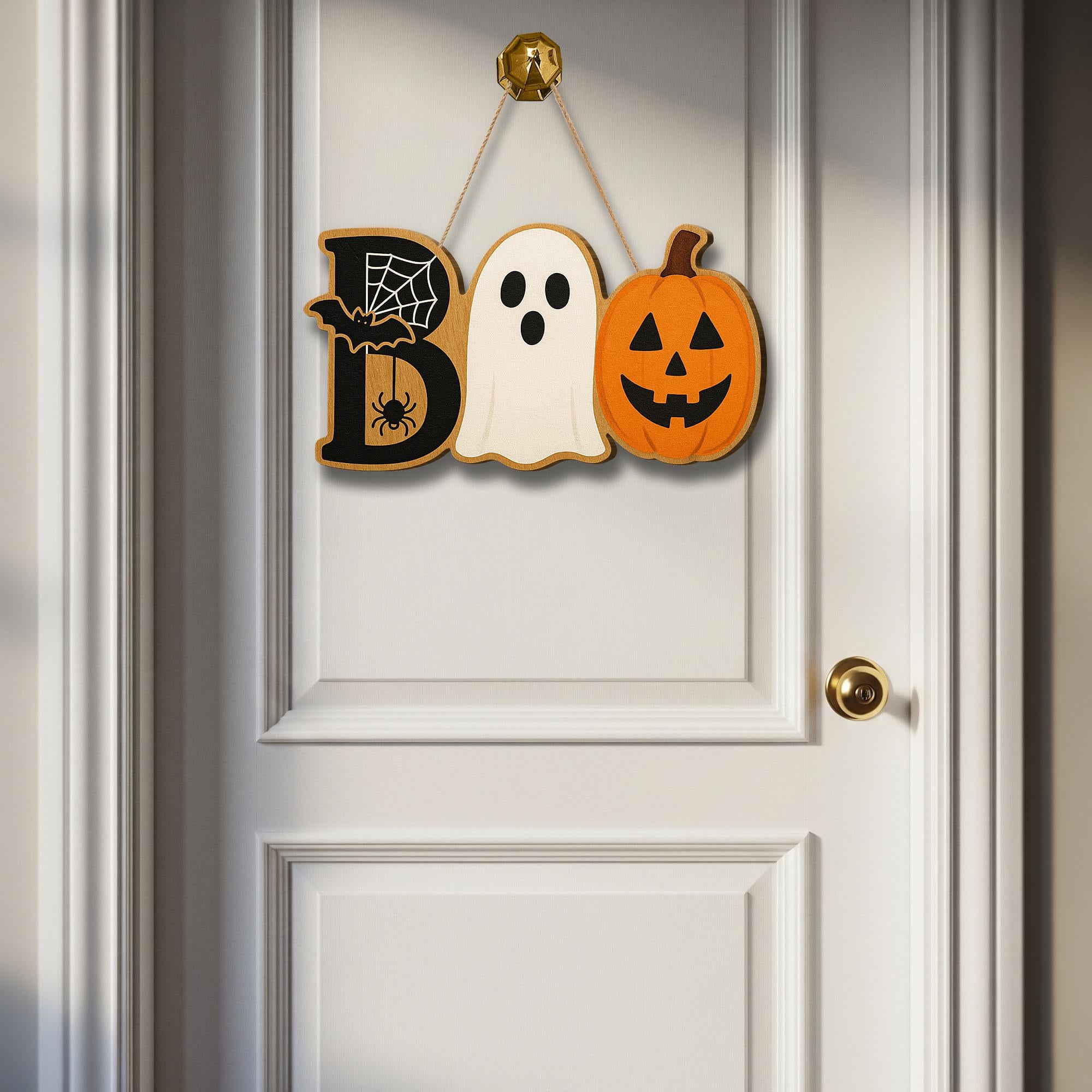 Boo Halloween Wooden Sign, Ghost Pumpkin Bat Door Hanger, Spooky Fall Decor, Front Door Sign, Cute Halloween Wall Decoration