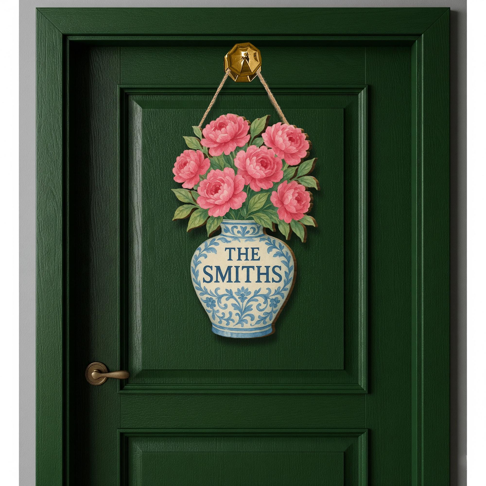 Chinoiserie Flower Vase Wooden Sign, Personalized Family Name Door Hanger, Floral Welcome Sign,Custom Home Entryway Decor,Elegant Door Decor