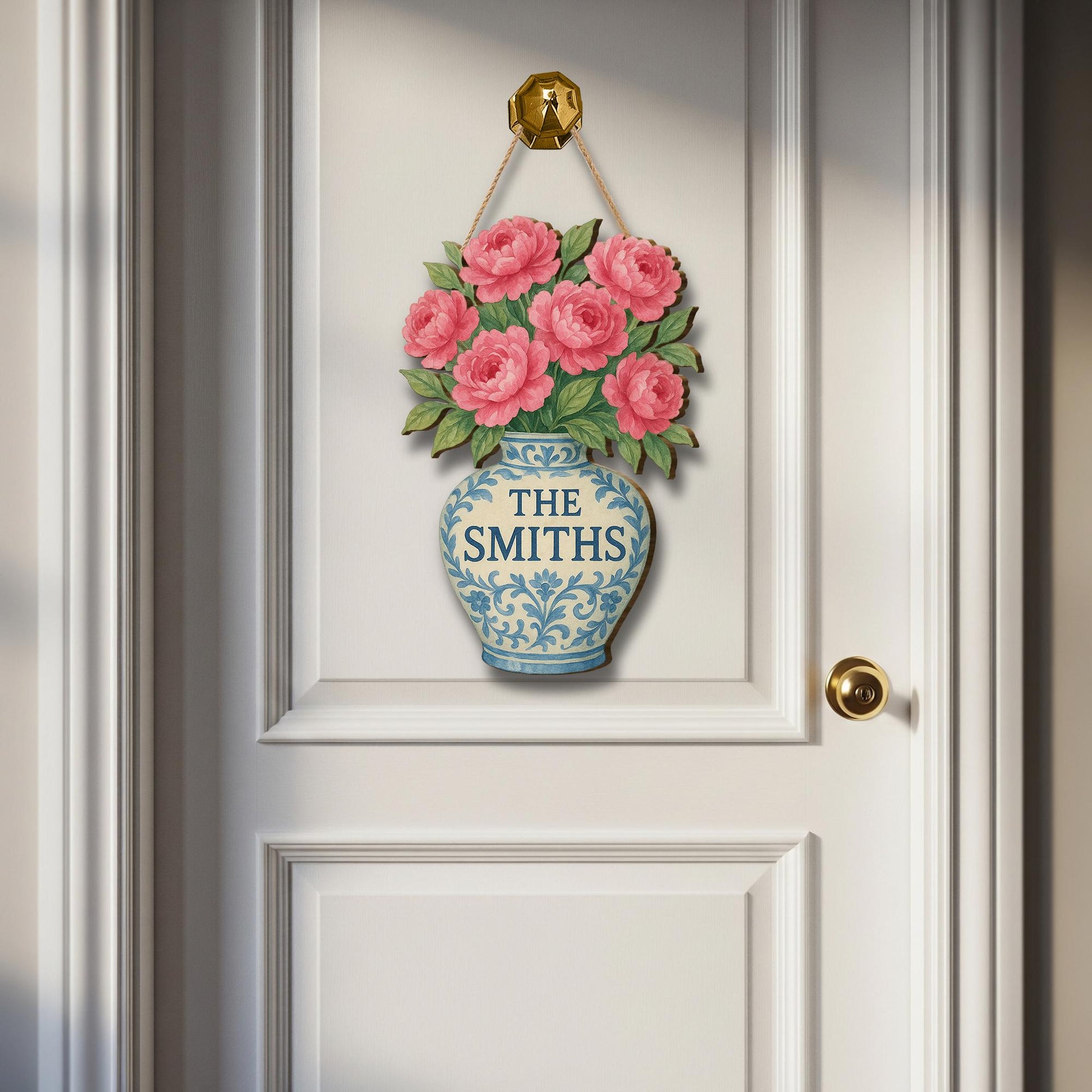 Chinoiserie Flower Vase Wooden Sign, Personalized Family Name Door Hanger, Floral Welcome Sign,Custom Home Entryway Decor,Elegant Door Decor