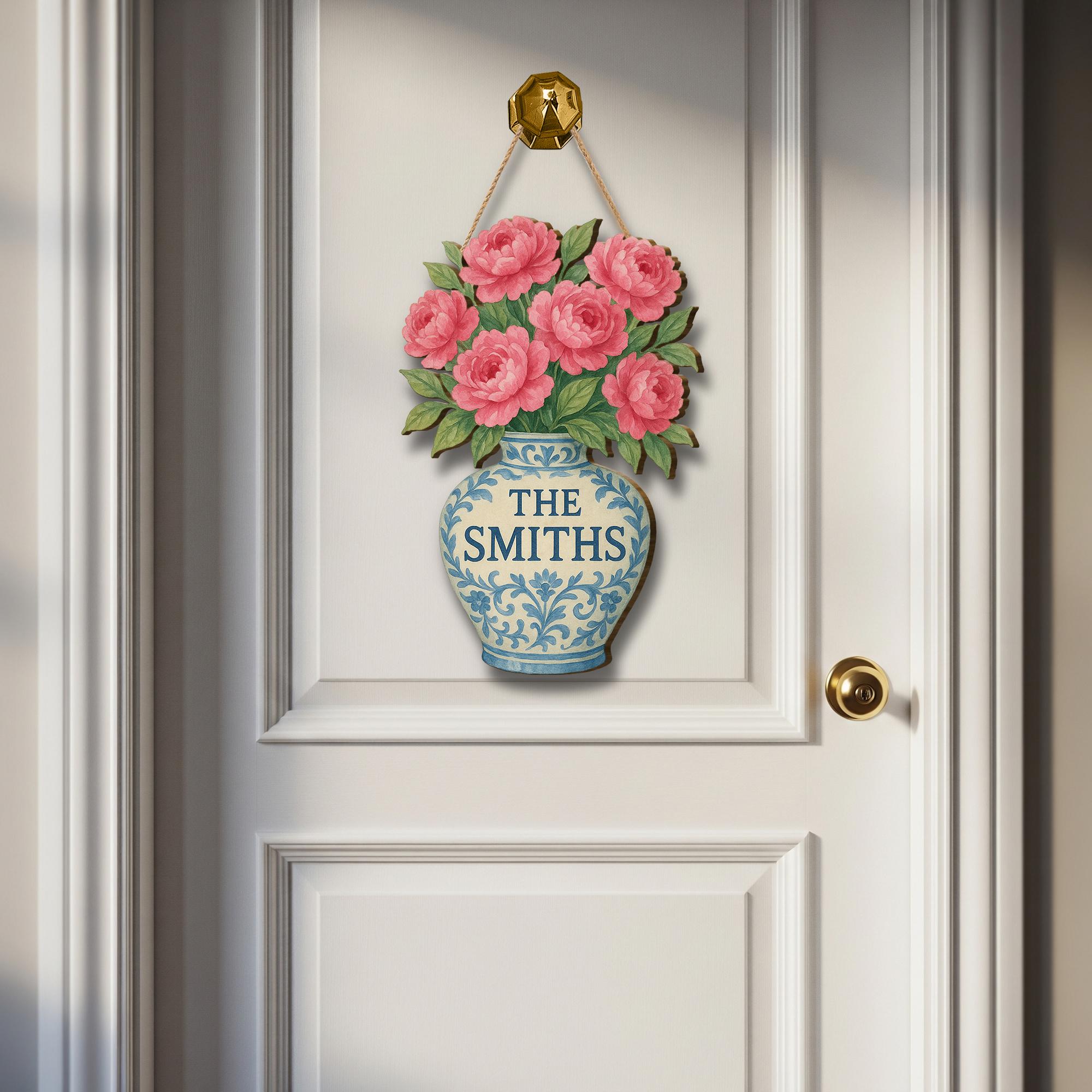 Chinoiserie Flower Vase Wooden Sign, Personalized Family Name Door Hanger, Floral Welcome Sign,Custom Home Entryway Decor,Elegant Door Decor