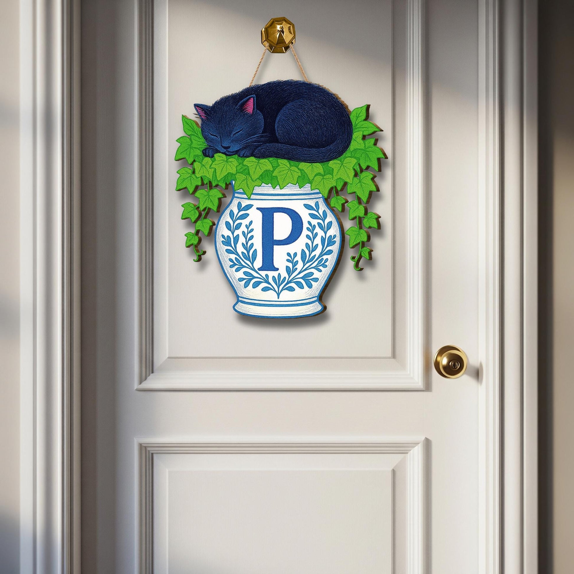 Personalized Cat Door Hanger – Monogram Black Cat Sign with Ivy and Vase, Cozy Blue Chinoserie Cottagecore Decor, Custom Letter Wall Hanging
