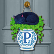 Personalized Cat Door Hanger – Monogram Black Cat Sign with Ivy and Vase, Cozy Blue Chinoserie Cottagecore Decor, Custom Letter Wall Hanging