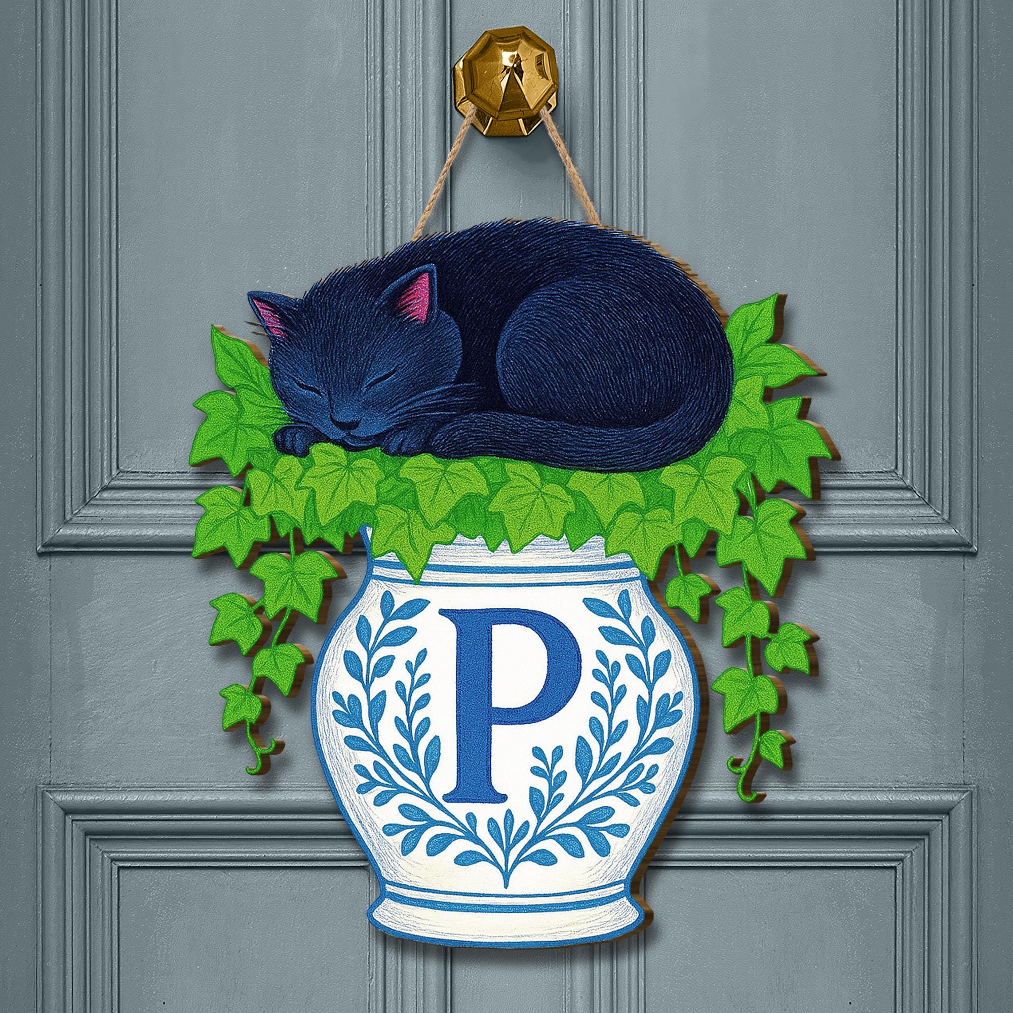 Personalized Cat Door Hanger – Monogram Black Cat Sign with Ivy and Vase, Cozy Blue Chinoserie Cottagecore Decor, Custom Letter Wall Hanging