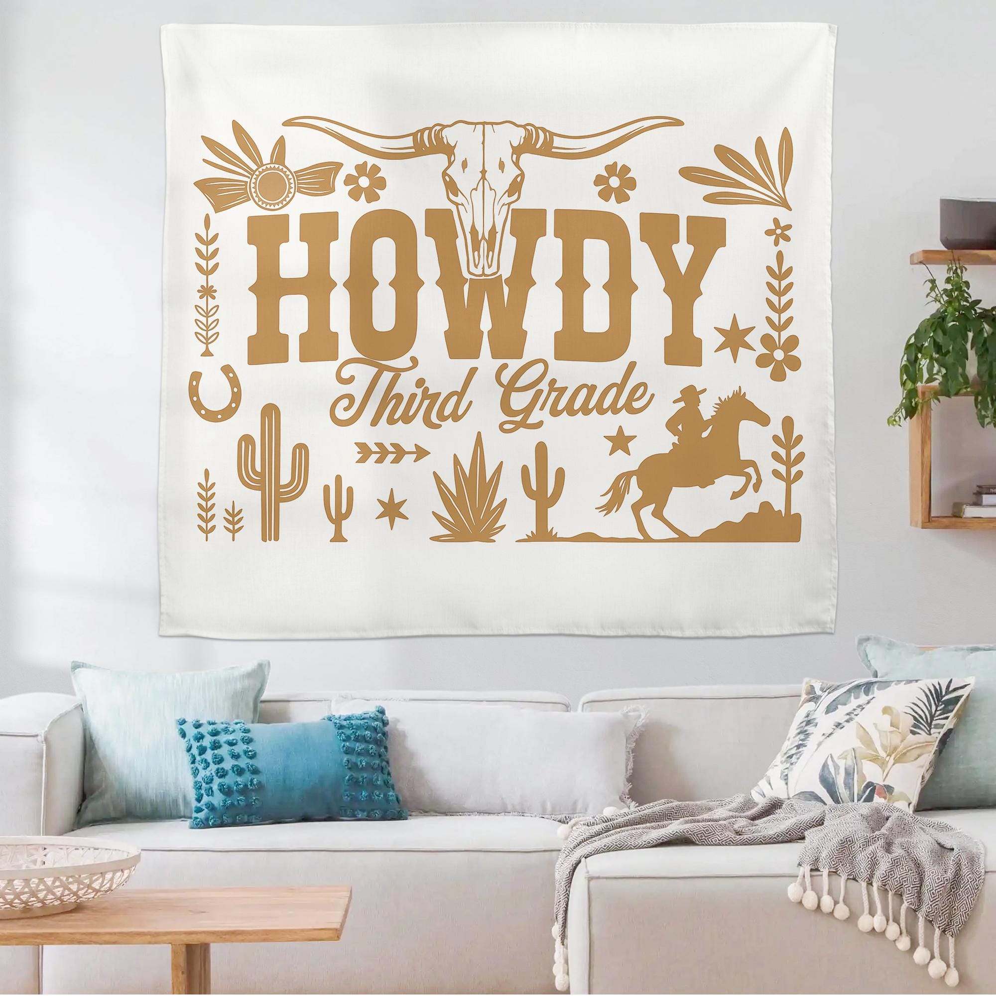 Howdy Third Grade Classroom Tapestry – Western Cowboy Theme Wall Decor, Back to School Sign, Personalized Teacher Banner