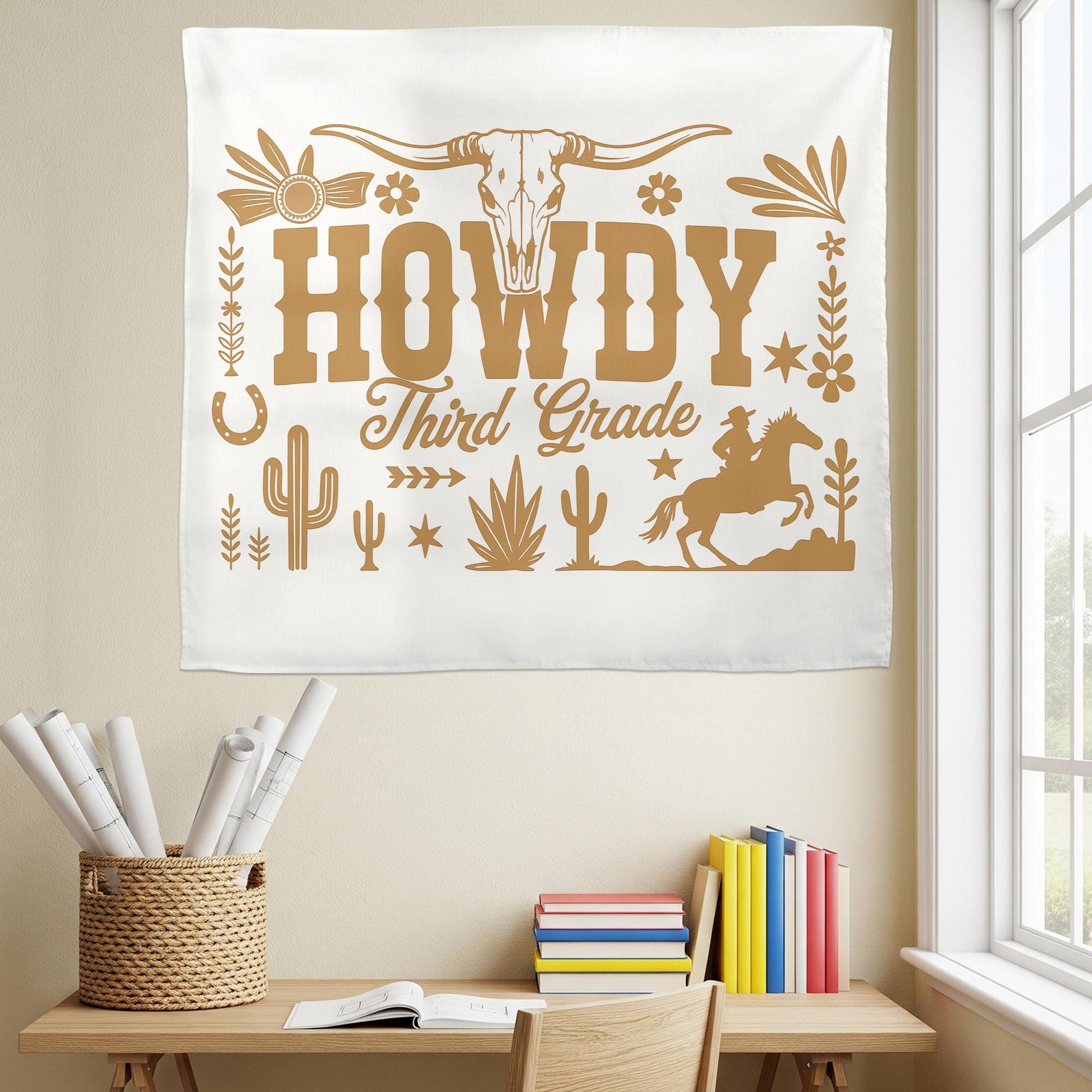 Howdy Third Grade Classroom Tapestry – Western Cowboy Theme Wall Decor, Back to School Sign, Personalized Teacher Banner
