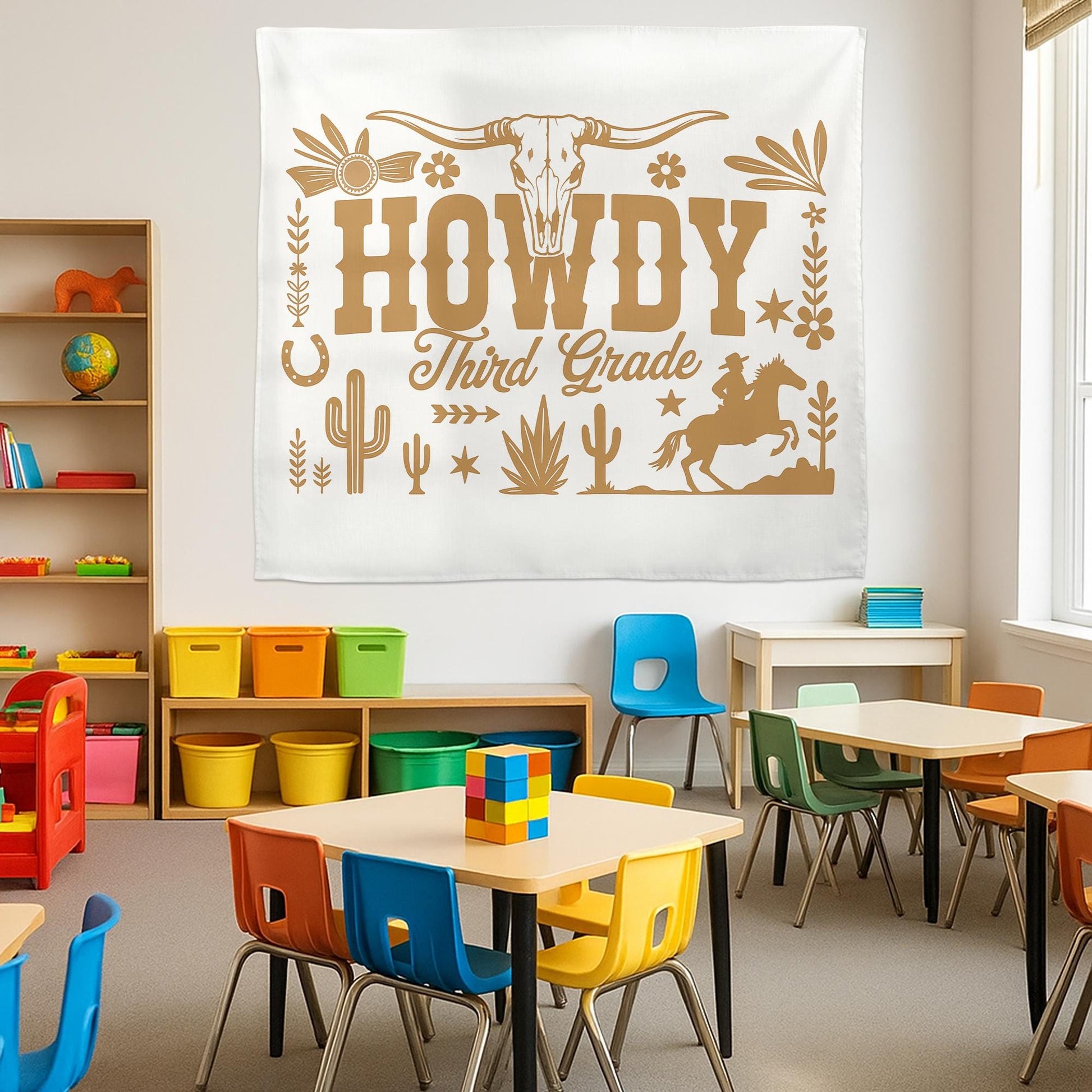 Howdy Third Grade Classroom Tapestry – Western Cowboy Theme Wall Decor, Back to School Sign, Personalized Teacher Banner