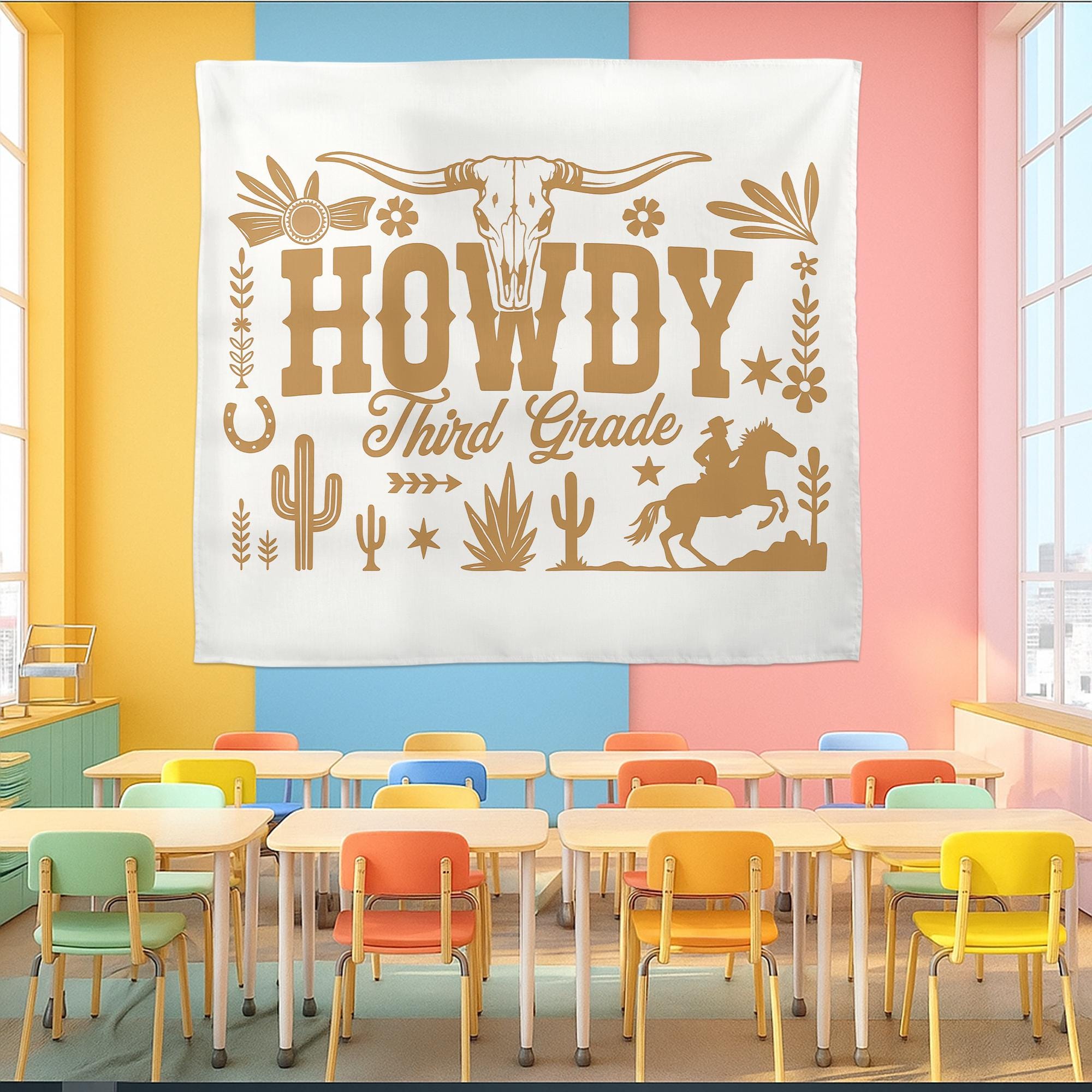 Howdy Third Grade Classroom Tapestry – Western Cowboy Theme Wall Decor, Back to School Sign, Personalized Teacher Banner