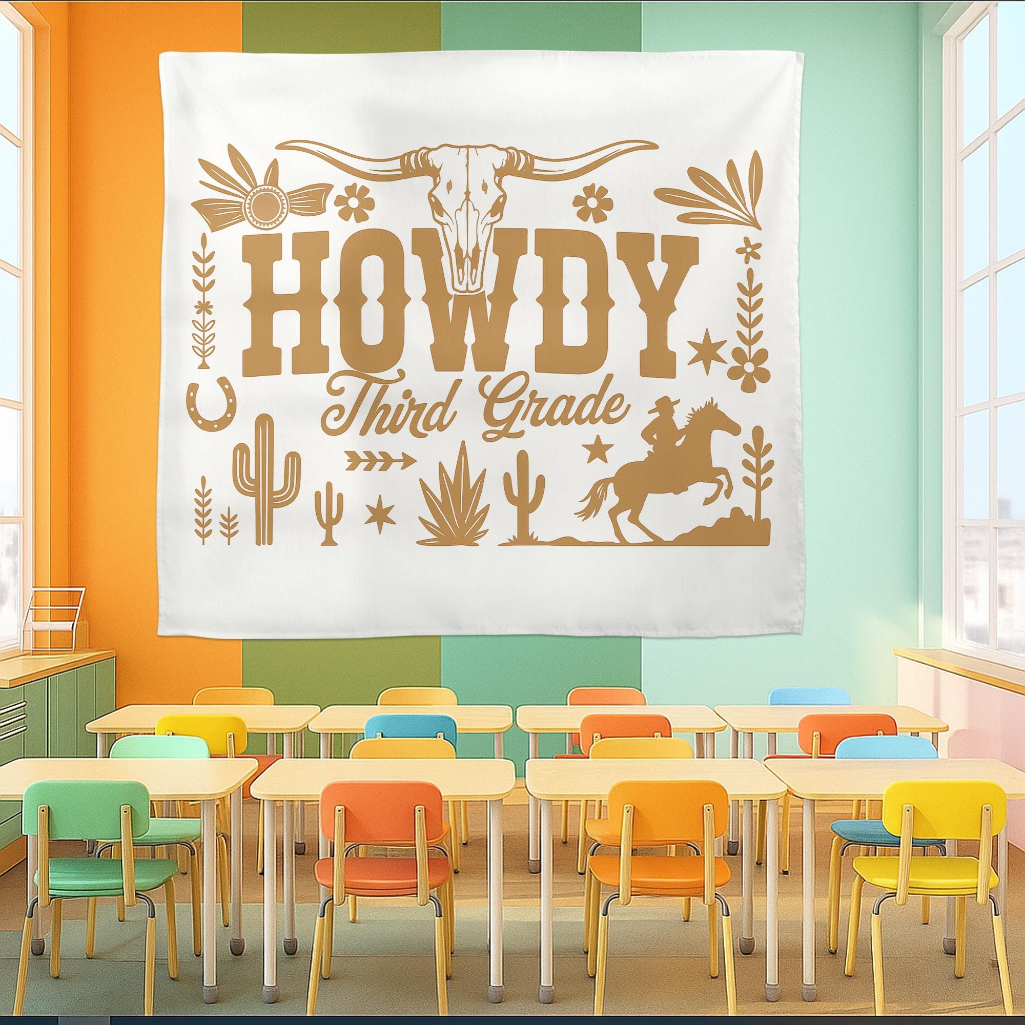 Howdy Third Grade Classroom Tapestry – Western Cowboy Theme Wall Decor, Back to School Sign, Personalized Teacher Banner