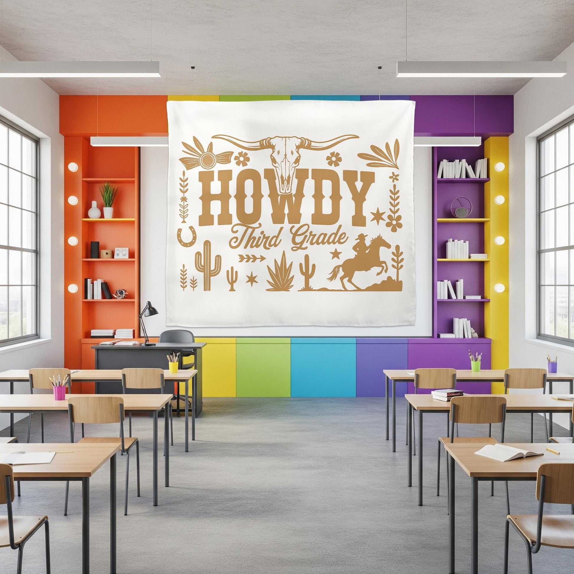 Howdy Third Grade Classroom Tapestry – Western Cowboy Theme Wall Decor, Back to School Sign, Personalized Teacher Banner