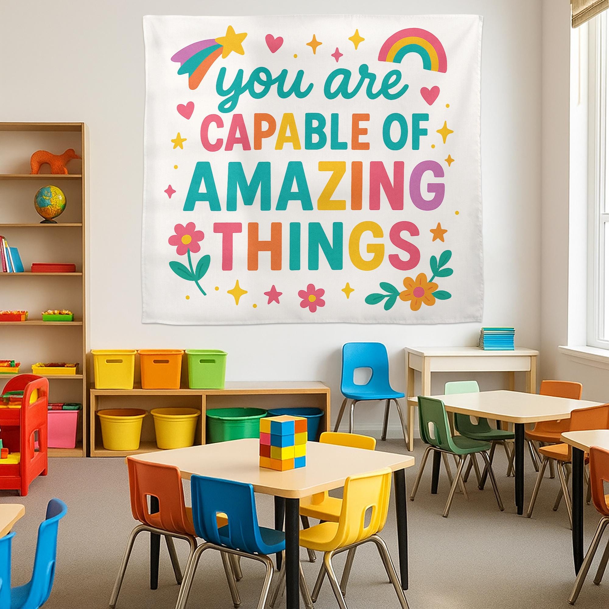 You Are Capable of Amazing Things Tapestry, Motivational Classroom Wall Decor, Positive Affirmation Banner for Teachers and Kids
