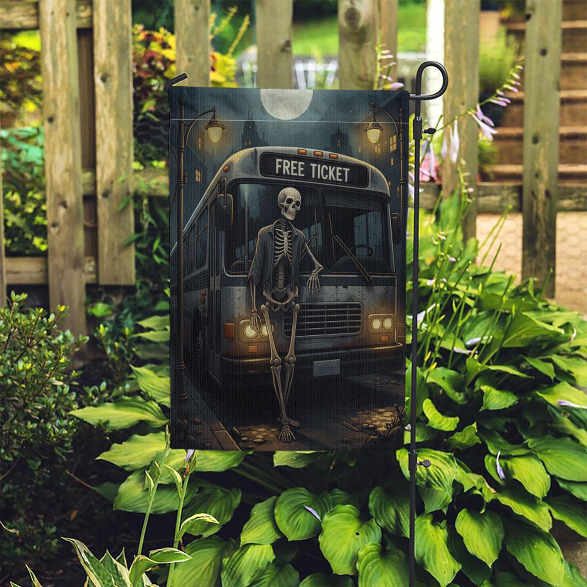 Skeleton Bus Stop Halloween Garden Flag – Spooky Funny Yard Decor, Gothic Cemetery Vibes, Outdoor Fall Decoration, Free Ticket Sign