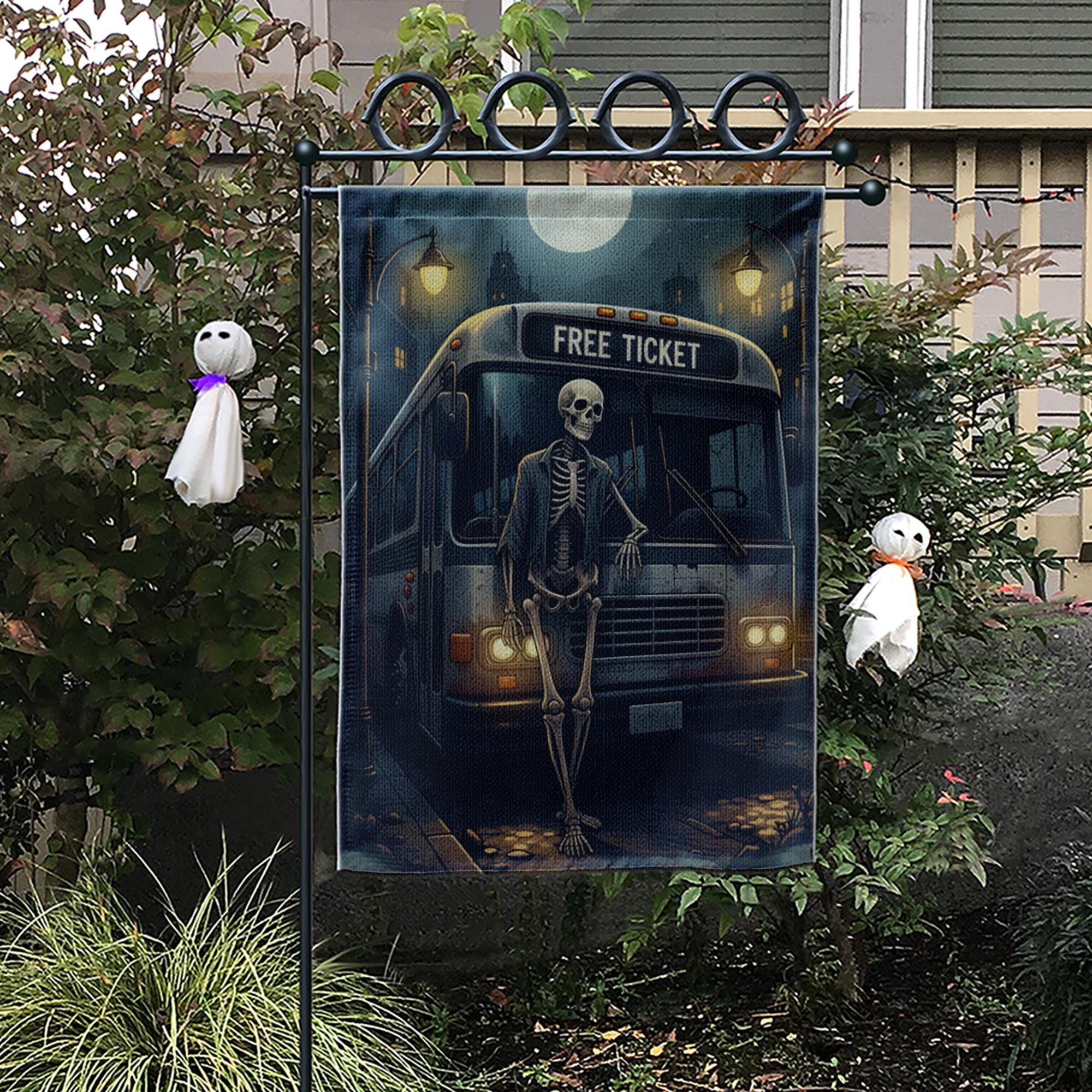 Skeleton Bus Stop Halloween Garden Flag – Spooky Funny Yard Decor, Gothic Cemetery Vibes, Outdoor Fall Decoration, Free Ticket Sign