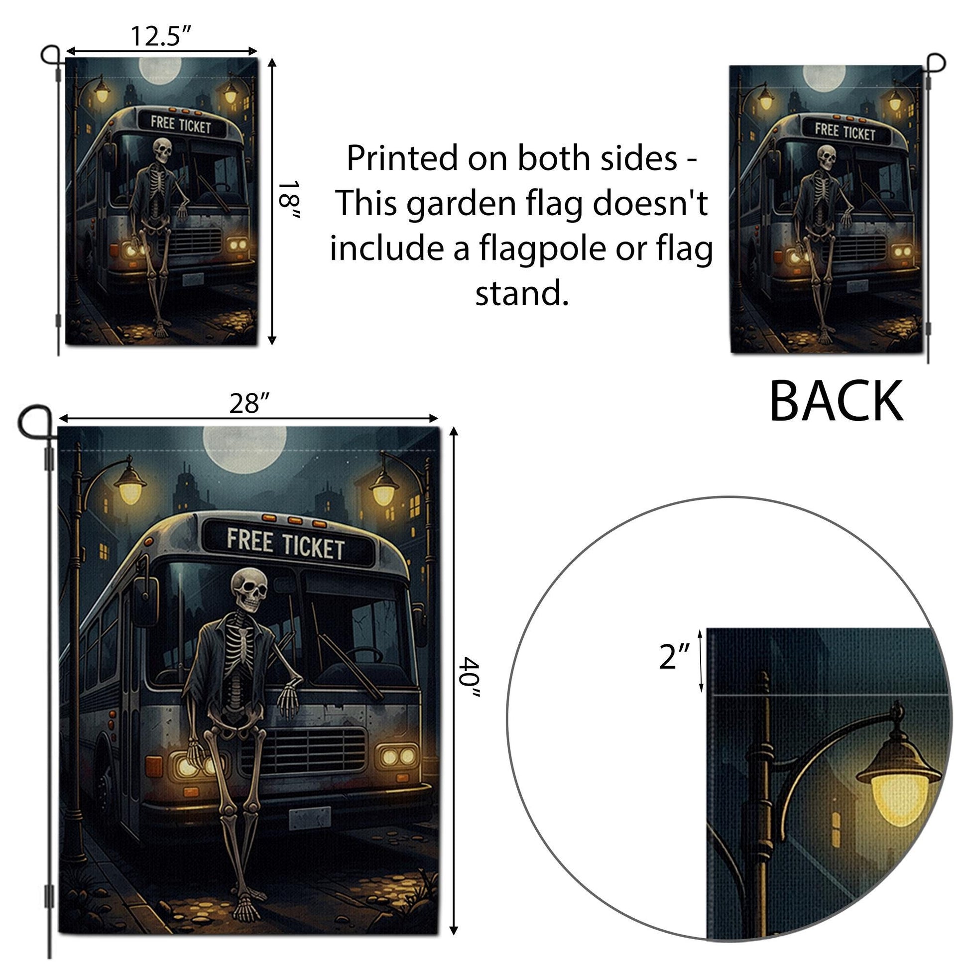 Skeleton Bus Stop Halloween Garden Flag – Spooky Funny Yard Decor, Gothic Cemetery Vibes, Outdoor Fall Decoration, Free Ticket Sign