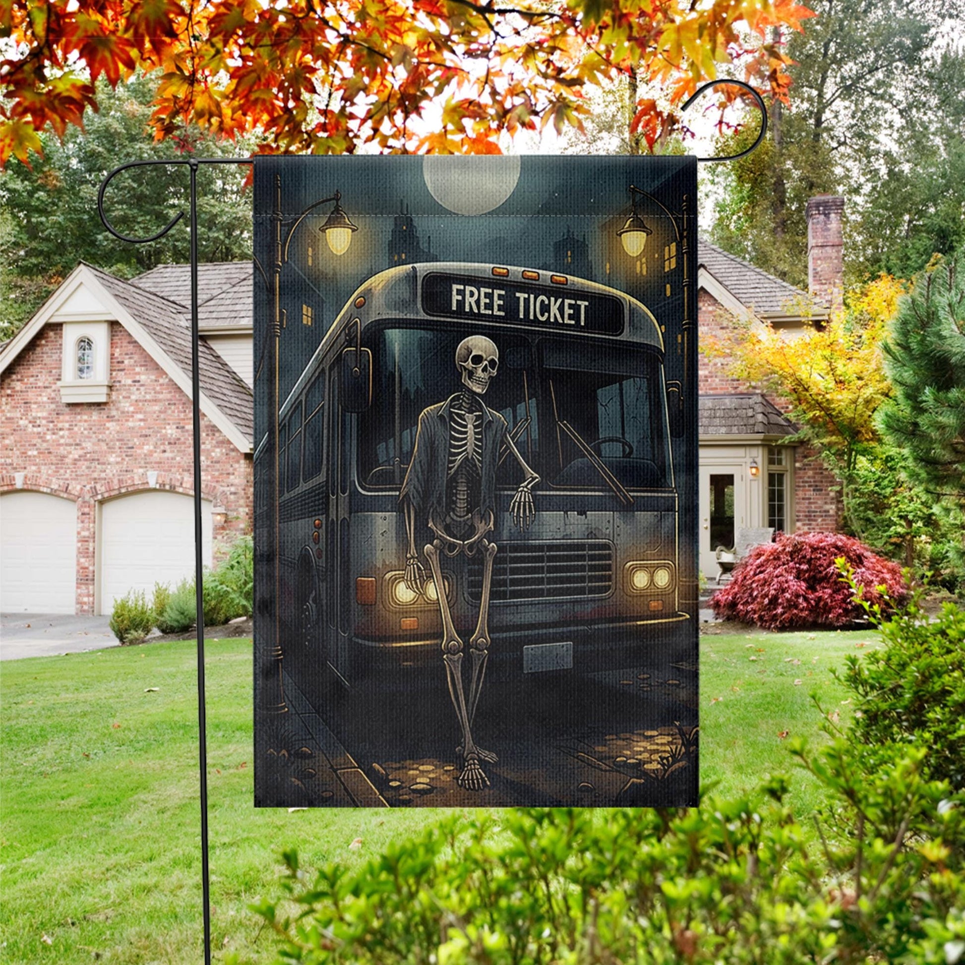 Skeleton Bus Stop Halloween Garden Flag – Spooky Funny Yard Decor, Gothic Cemetery Vibes, Outdoor Fall Decoration, Free Ticket Sign