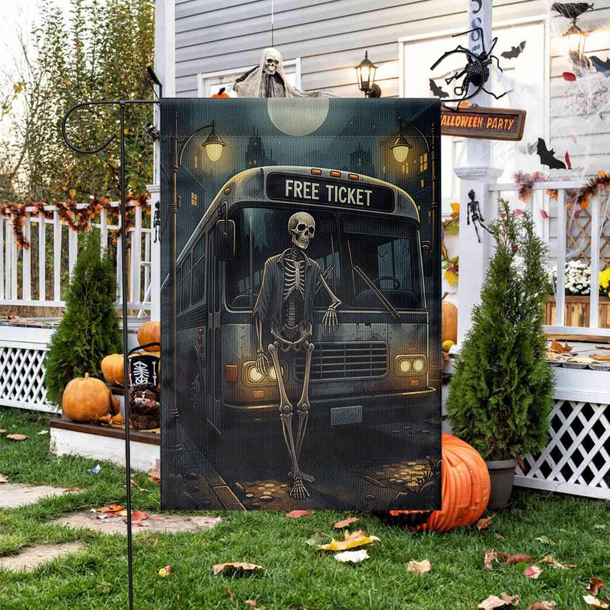 Skeleton Bus Stop Halloween Garden Flag – Spooky Funny Yard Decor, Gothic Cemetery Vibes, Outdoor Fall Decoration, Free Ticket Sign