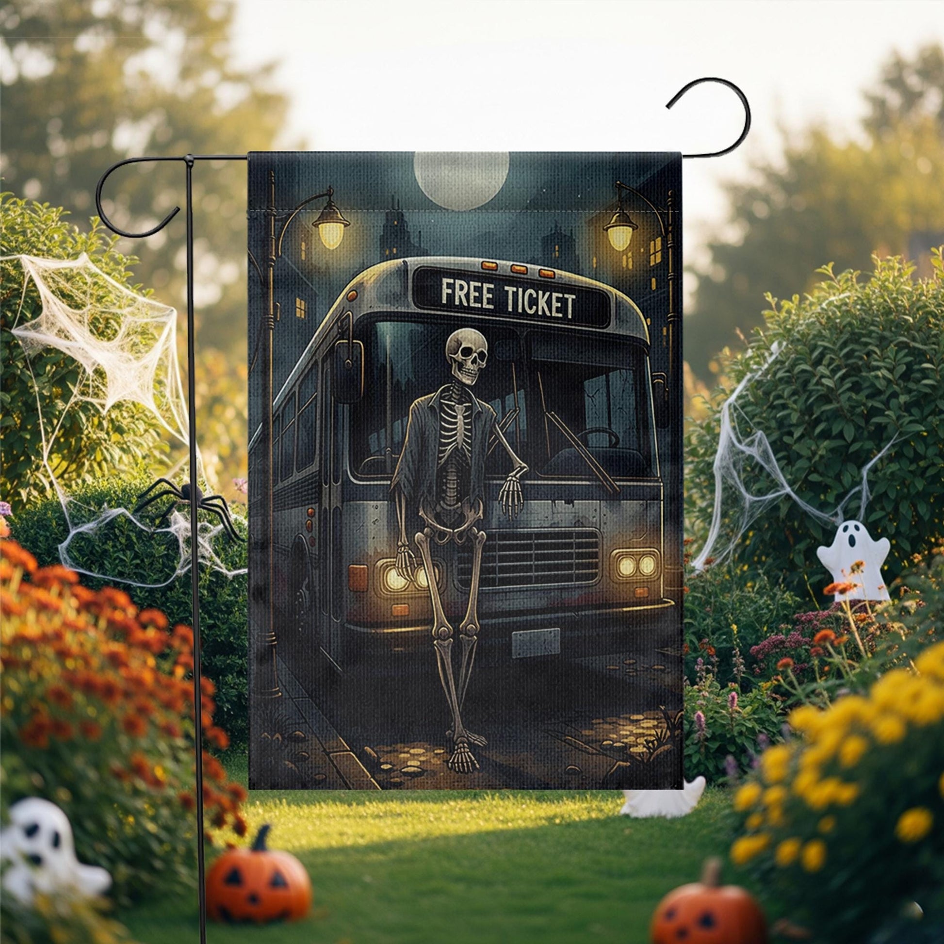 Skeleton Bus Stop Halloween Garden Flag – Spooky Funny Yard Decor, Gothic Cemetery Vibes, Outdoor Fall Decoration, Free Ticket Sign