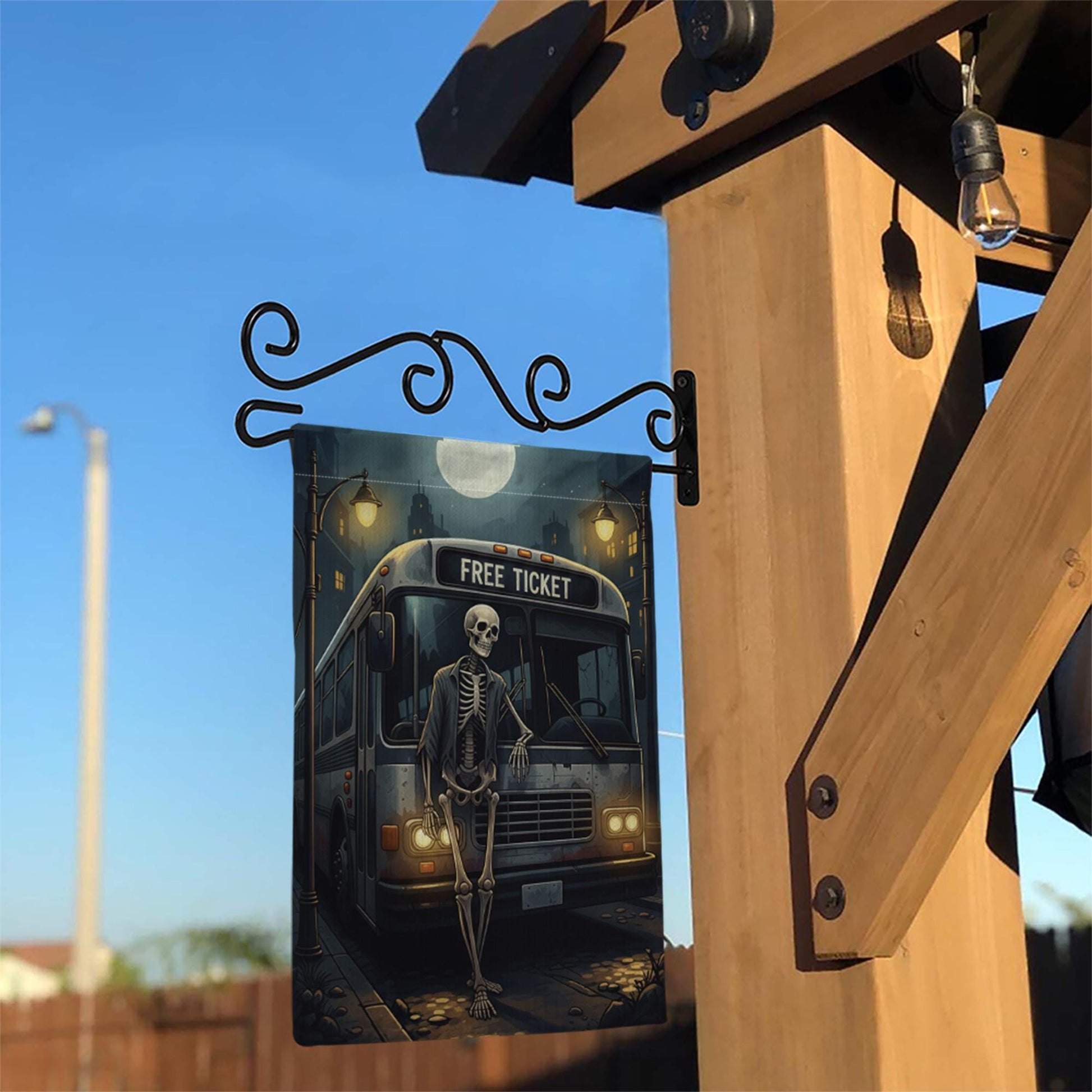 Skeleton Bus Stop Halloween Garden Flag – Spooky Funny Yard Decor, Gothic Cemetery Vibes, Outdoor Fall Decoration, Free Ticket Sign