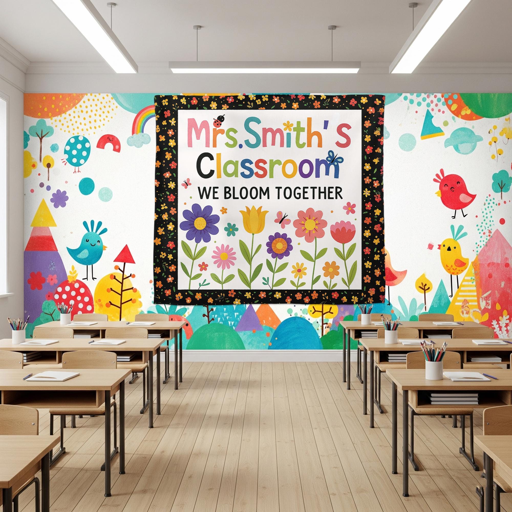 Personalized Classroom Banner – We Bloom Together Floral Wall Tapestry, Teacher Name Sign, Colorful Back to School Classroom Decor