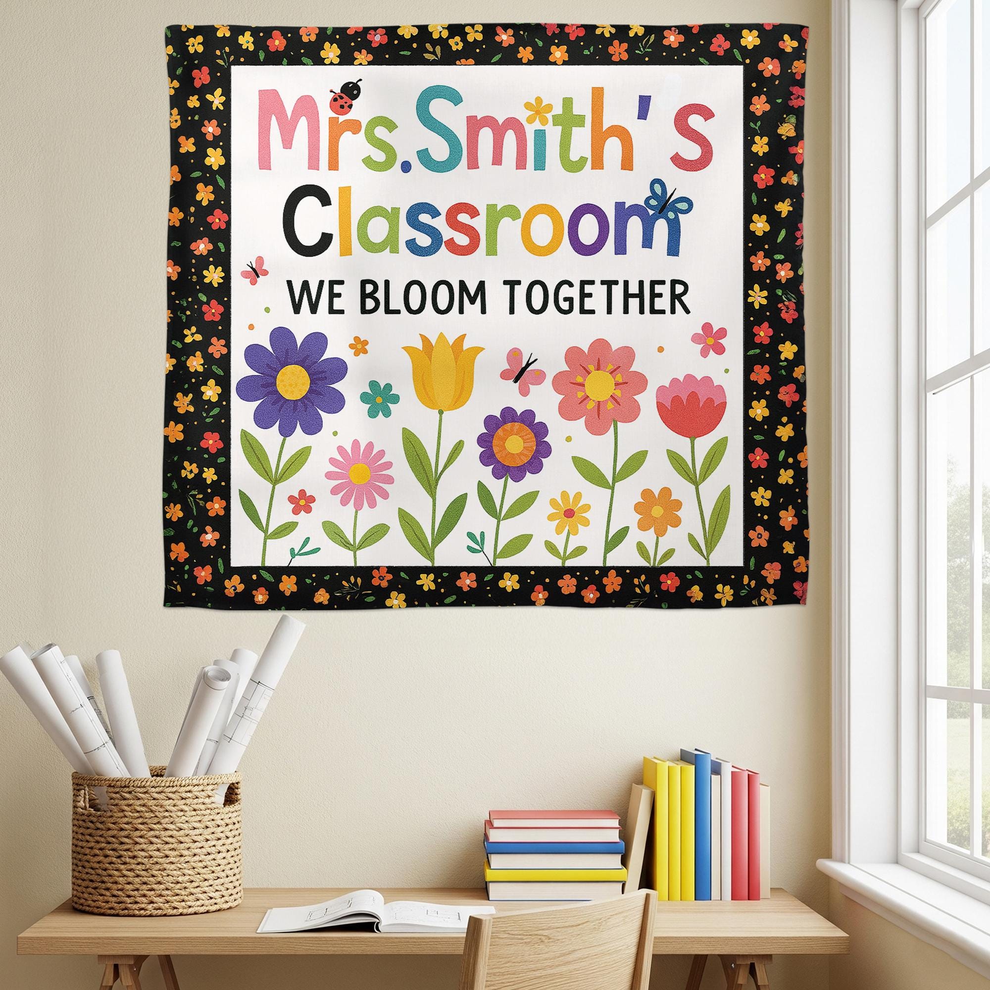 Personalized Classroom Banner – We Bloom Together Floral Wall Tapestry, Teacher Name Sign, Colorful Back to School Classroom Decor