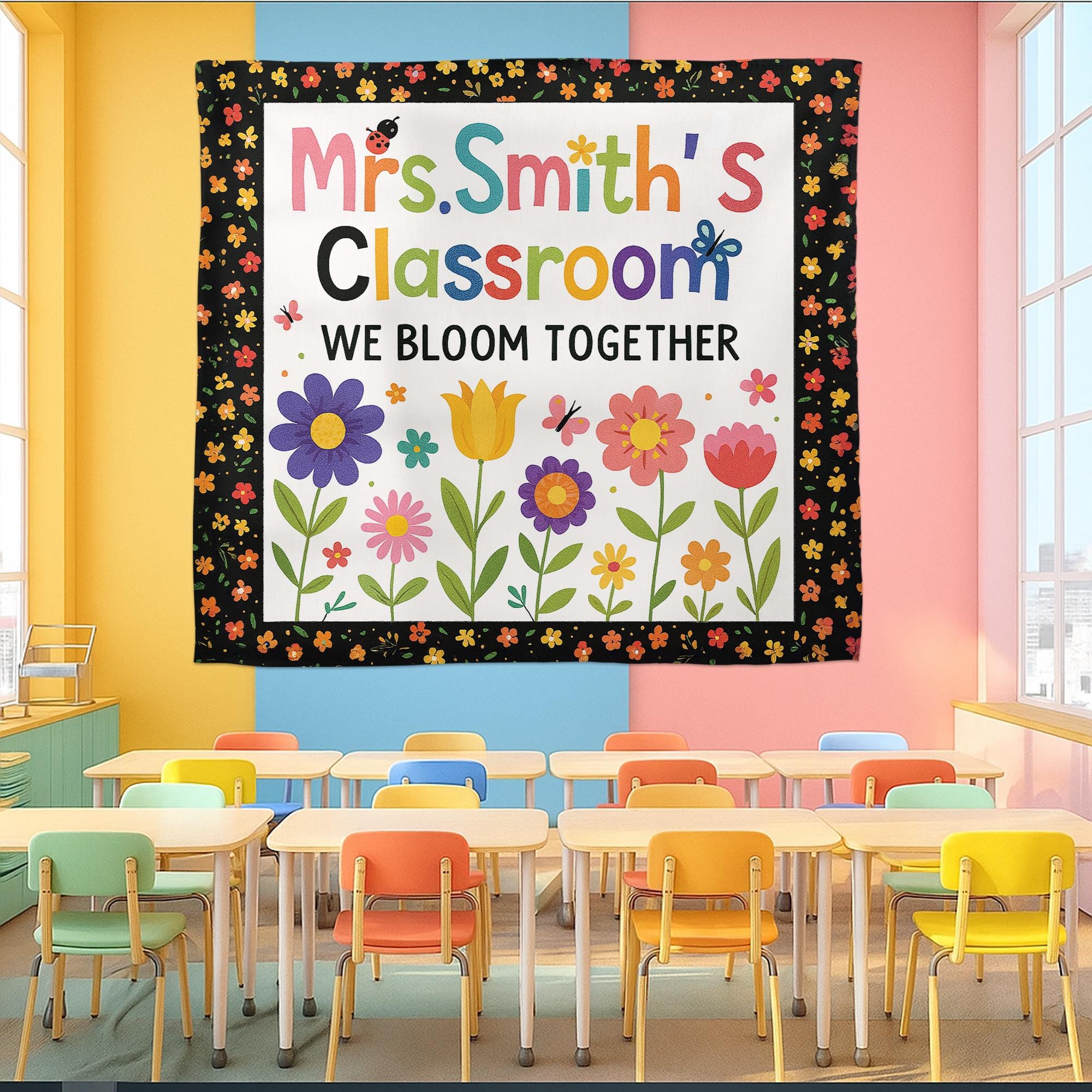 Personalized Classroom Banner – We Bloom Together Floral Wall Tapestry, Teacher Name Sign, Colorful Back to School Classroom Decor