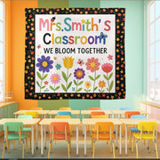 Personalized Classroom Banner – We Bloom Together Floral Wall Tapestry, Teacher Name Sign, Colorful Back to School Classroom Decor