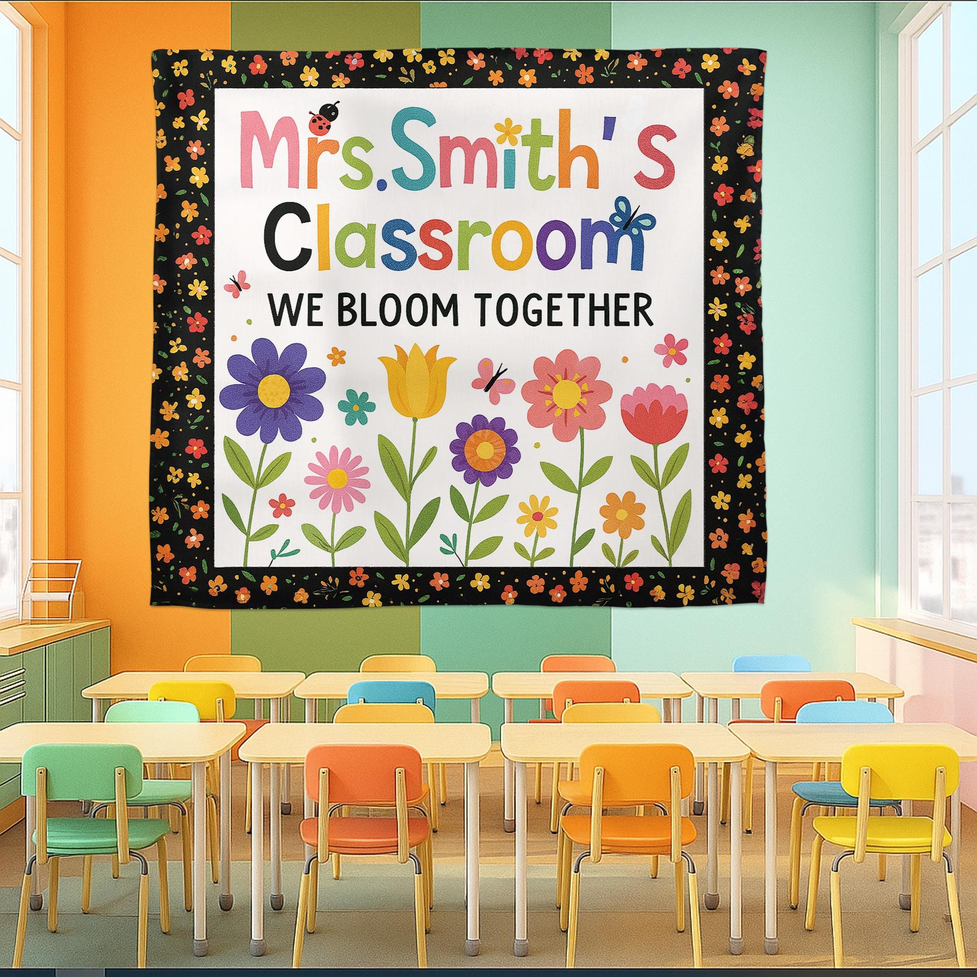 Personalized Classroom Banner – We Bloom Together Floral Wall Tapestry, Teacher Name Sign, Colorful Back to School Classroom Decor