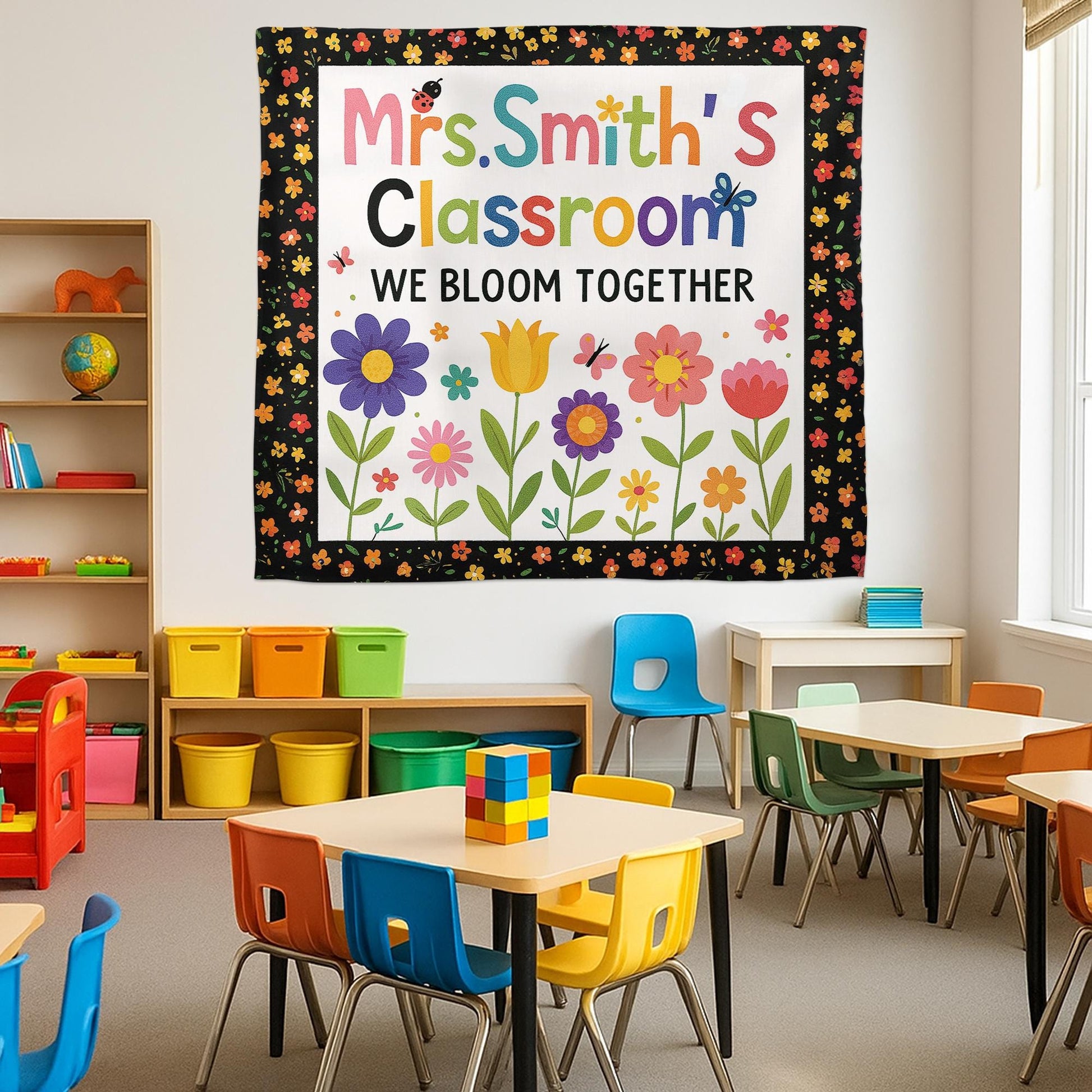 Personalized Classroom Banner – We Bloom Together Floral Wall Tapestry, Teacher Name Sign, Colorful Back to School Classroom Decor
