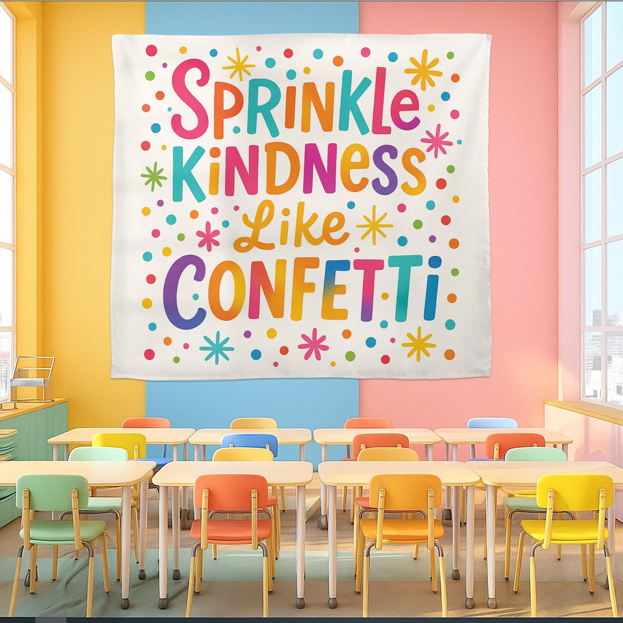 Sprinkle Kindness Like Confetti Tapestry, Classroom Wall Decor, Positive Quote Banner, Motivational Teacher Tapestry, Back To School Decor