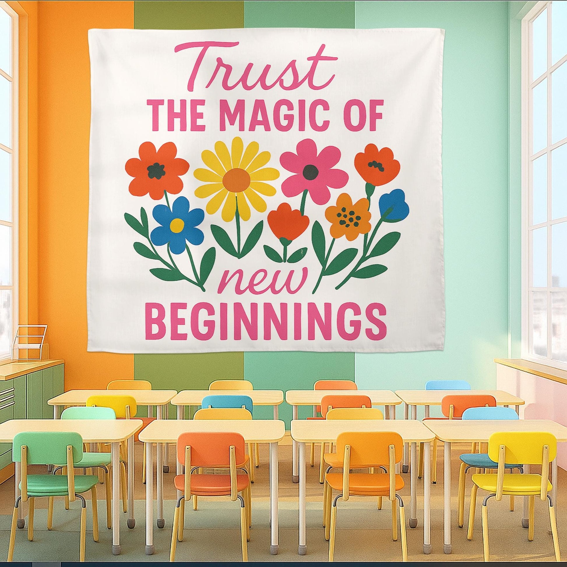 Trust the Magic of New Beginnings Tapestry, Classroom Wall Decor, Teacher Motivation Sign, Positive Quote Banner for School