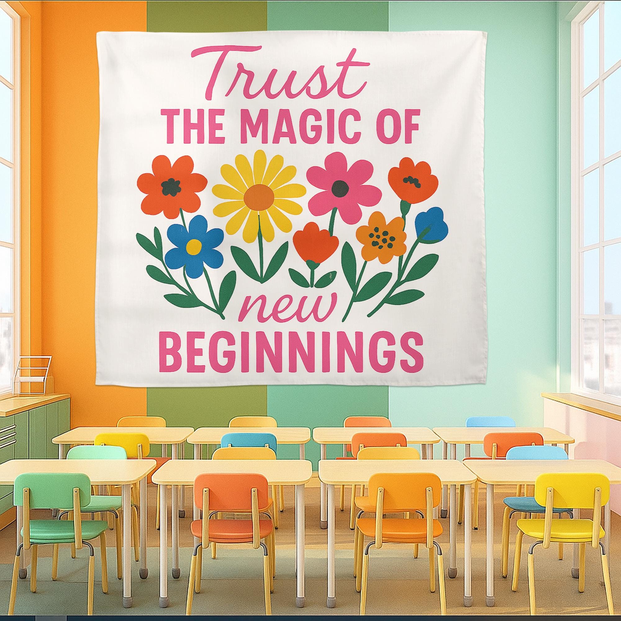 Trust the Magic of New Beginnings Tapestry, Classroom Wall Decor, Teacher Motivation Sign, Positive Quote Banner for School