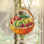 Fruit Basket Faux Stained Glass Suncatcher – Colorful Holographic Window Hanging Kitchen Decor, Summer Fruit Lover Gift, Window Art