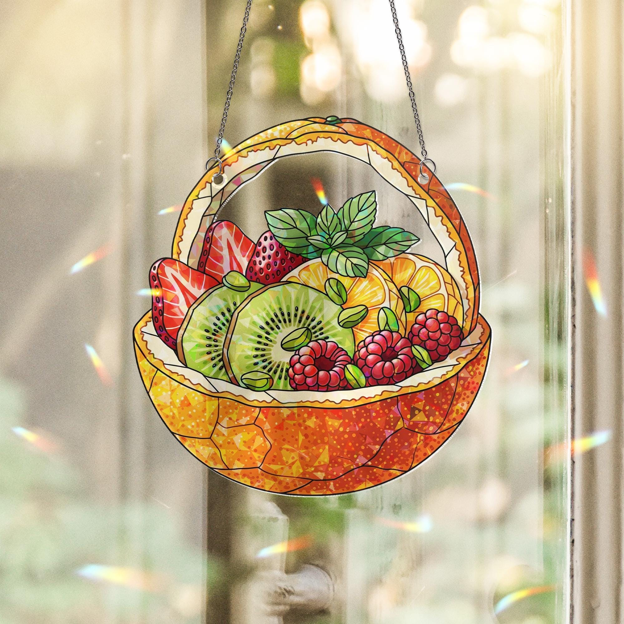 Fruit Basket Faux Stained Glass Suncatcher – Colorful Holographic Window Hanging Kitchen Decor, Summer Fruit Lover Gift, Window Art