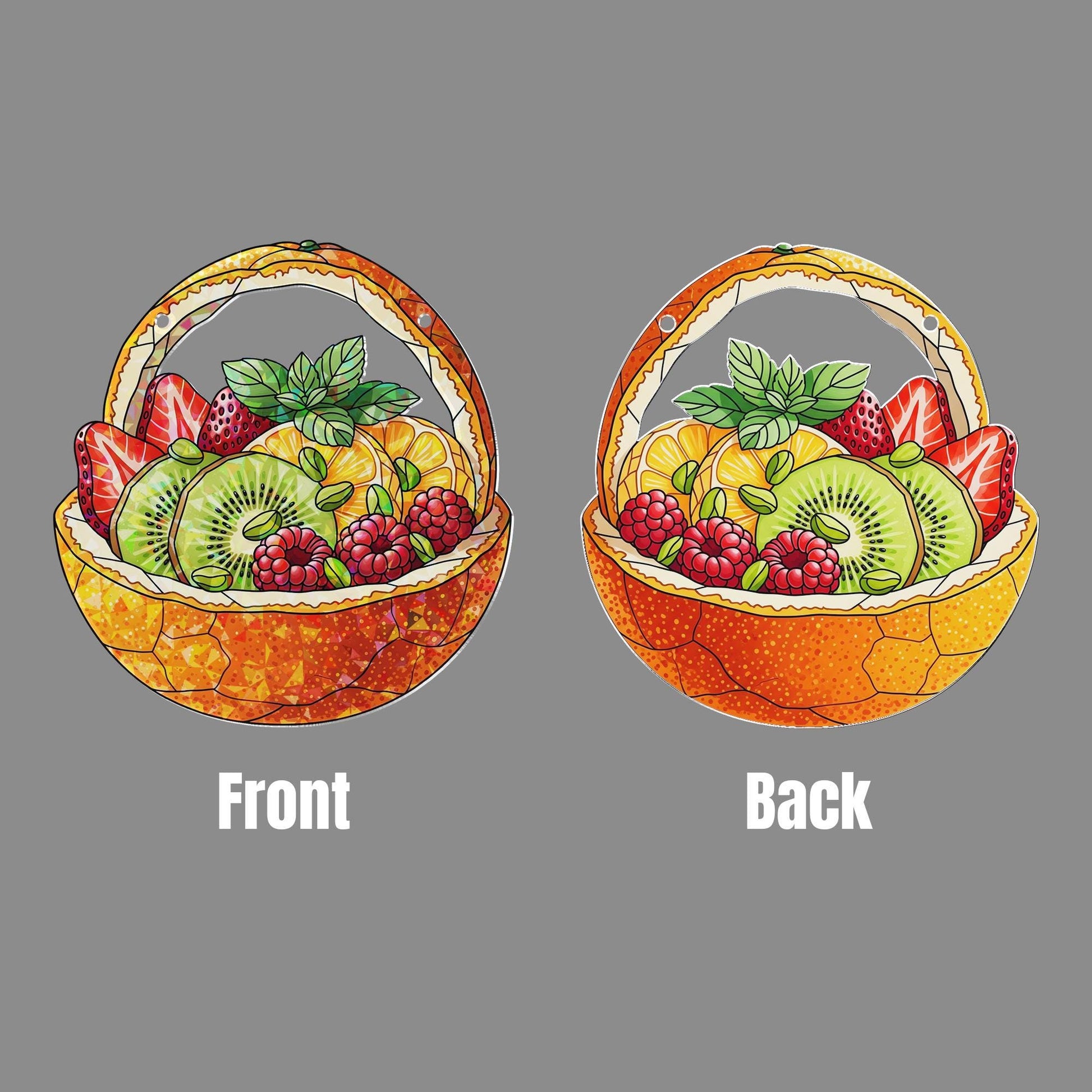 Fruit Basket Faux Stained Glass Suncatcher – Colorful Holographic Window Hanging Kitchen Decor, Summer Fruit Lover Gift, Window Art