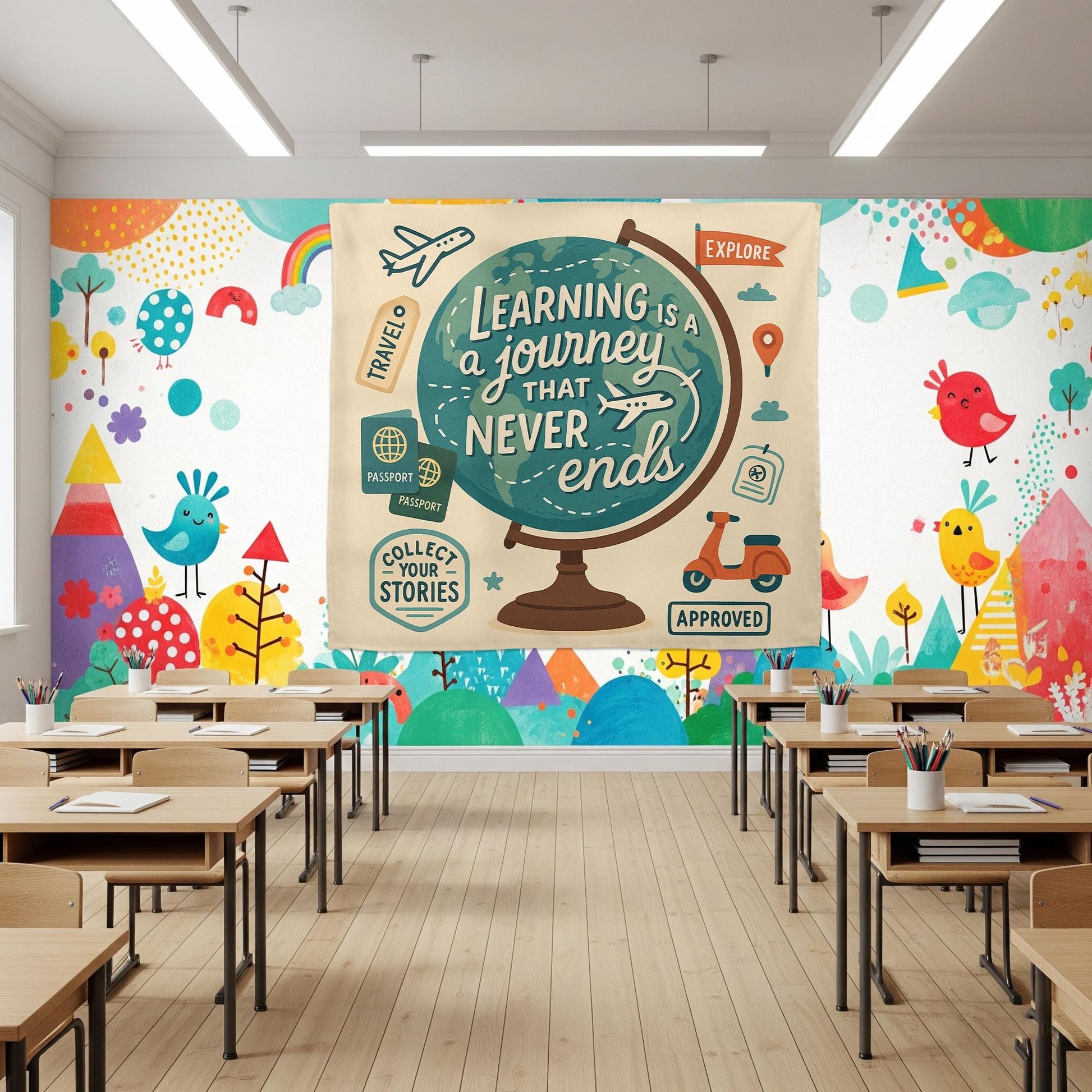 Learning Is a Journey That Never Ends Tapestry, Classroom Globe Wall Decor, Teacher Travel Theme Banner, Educational Room Sign
