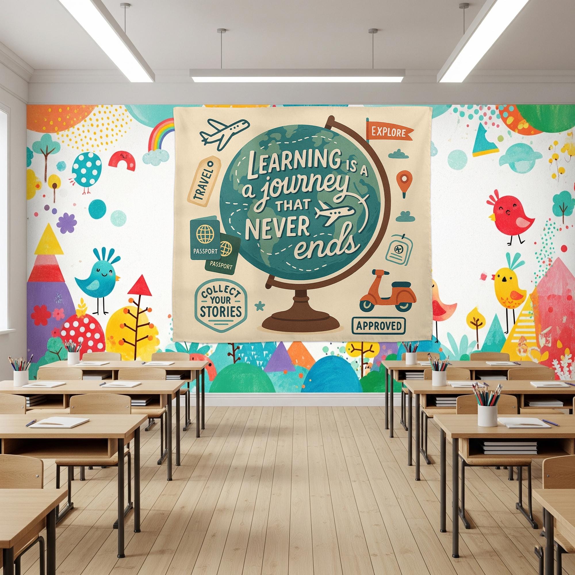 Learning Is a Journey That Never Ends Tapestry, Classroom Globe Wall Decor, Teacher Travel Theme Banner, Educational Room Sign