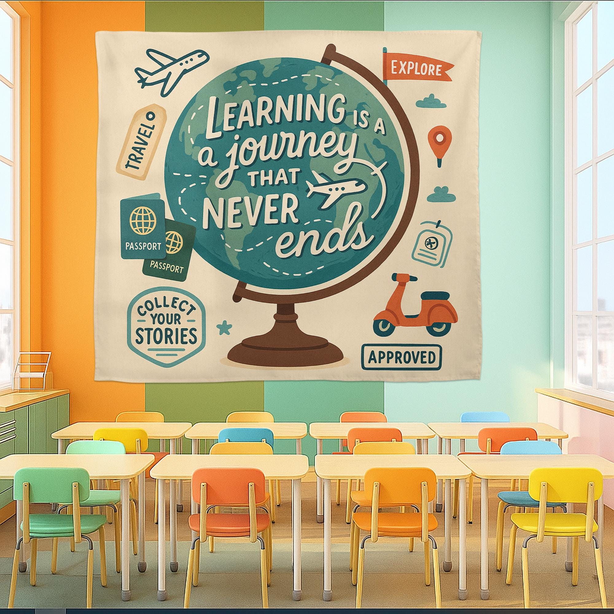 Learning Is a Journey That Never Ends Tapestry, Classroom Globe Wall Decor, Teacher Travel Theme Banner, Educational Room Sign