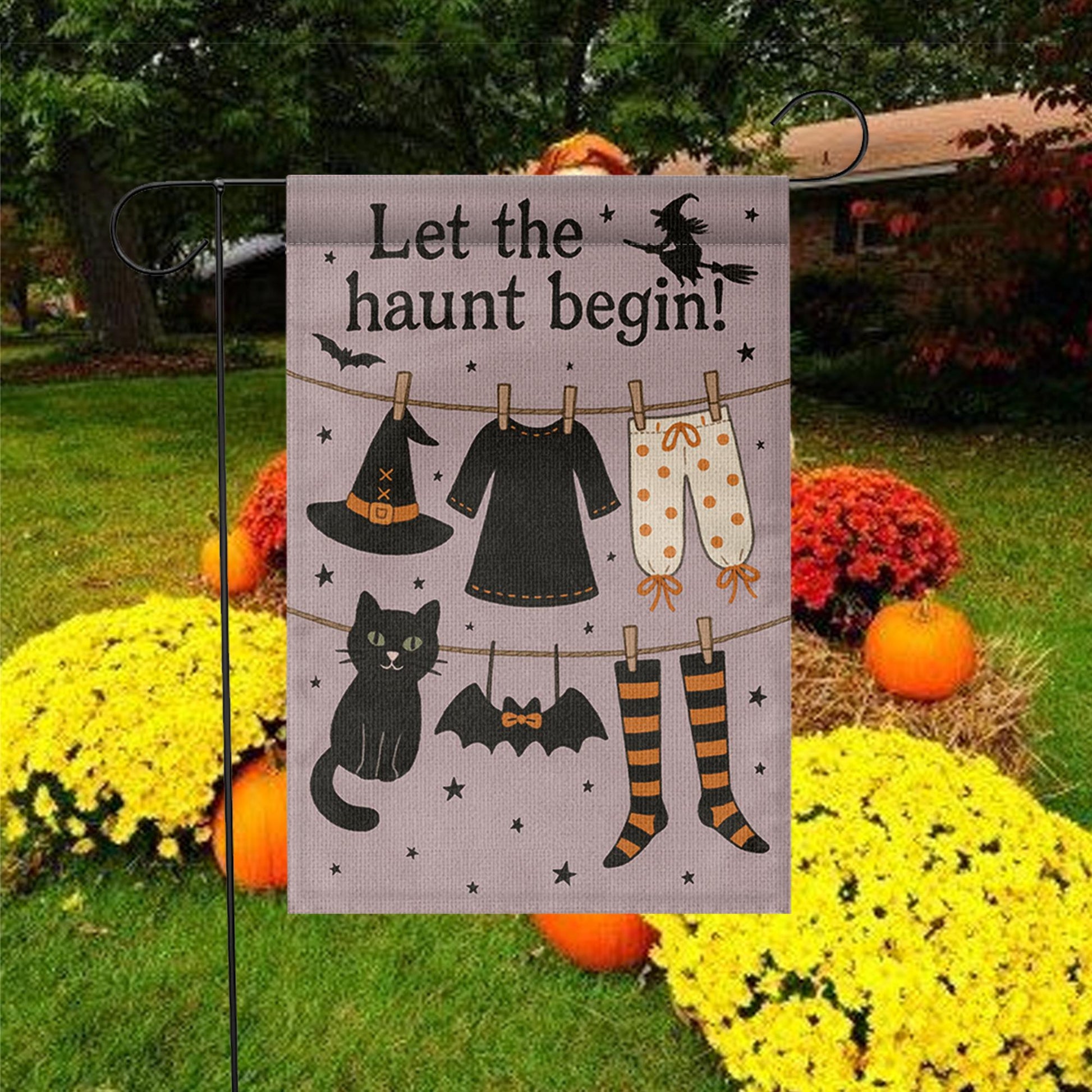 Let the Haunt Begin Garden Flag, Halloween Witch Clothesline Yard Decor, Spooky Fall Outdoor Flag, Cute Black Cat Halloween Sign