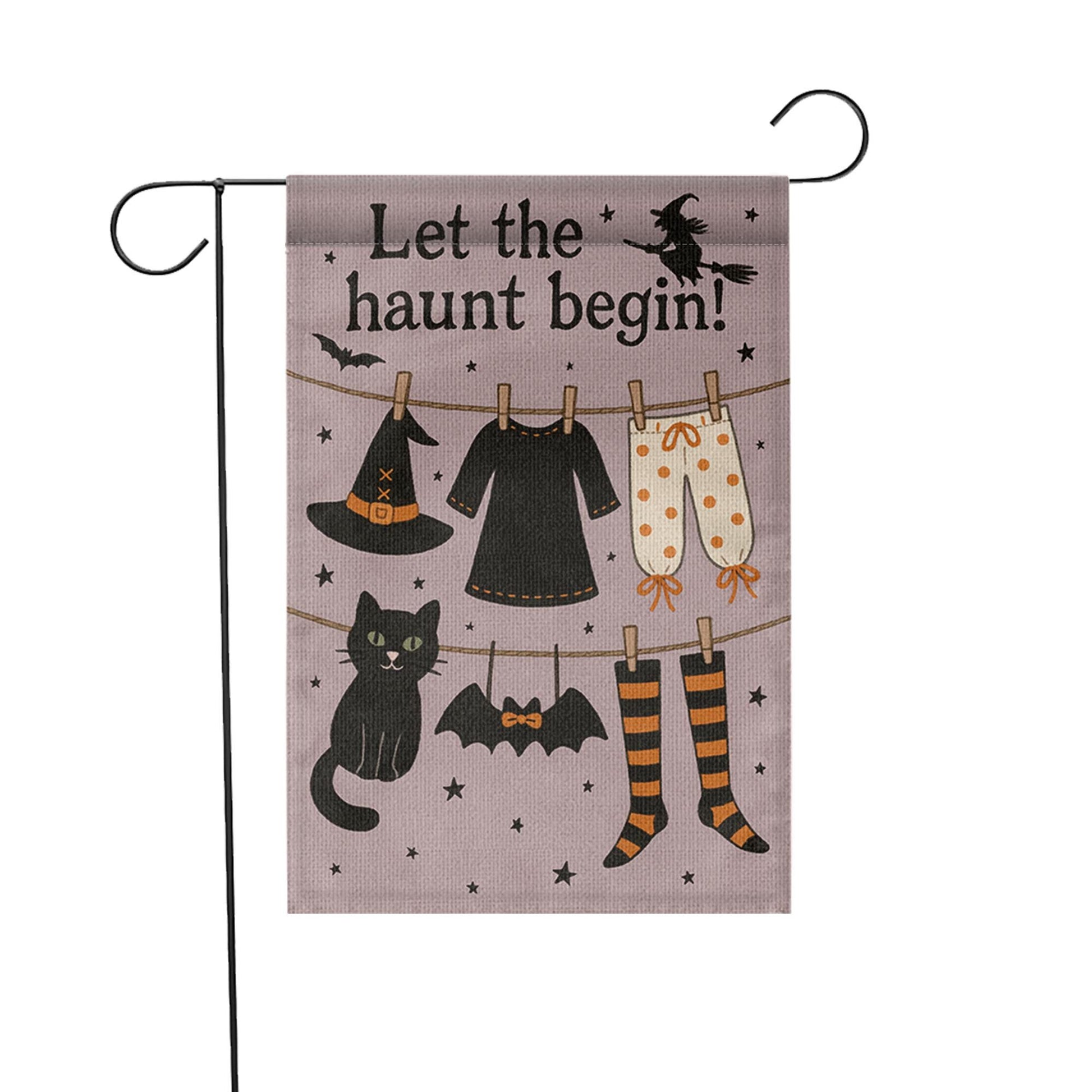 Let the Haunt Begin Garden Flag, Halloween Witch Clothesline Yard Decor, Spooky Fall Outdoor Flag, Cute Black Cat Halloween Sign