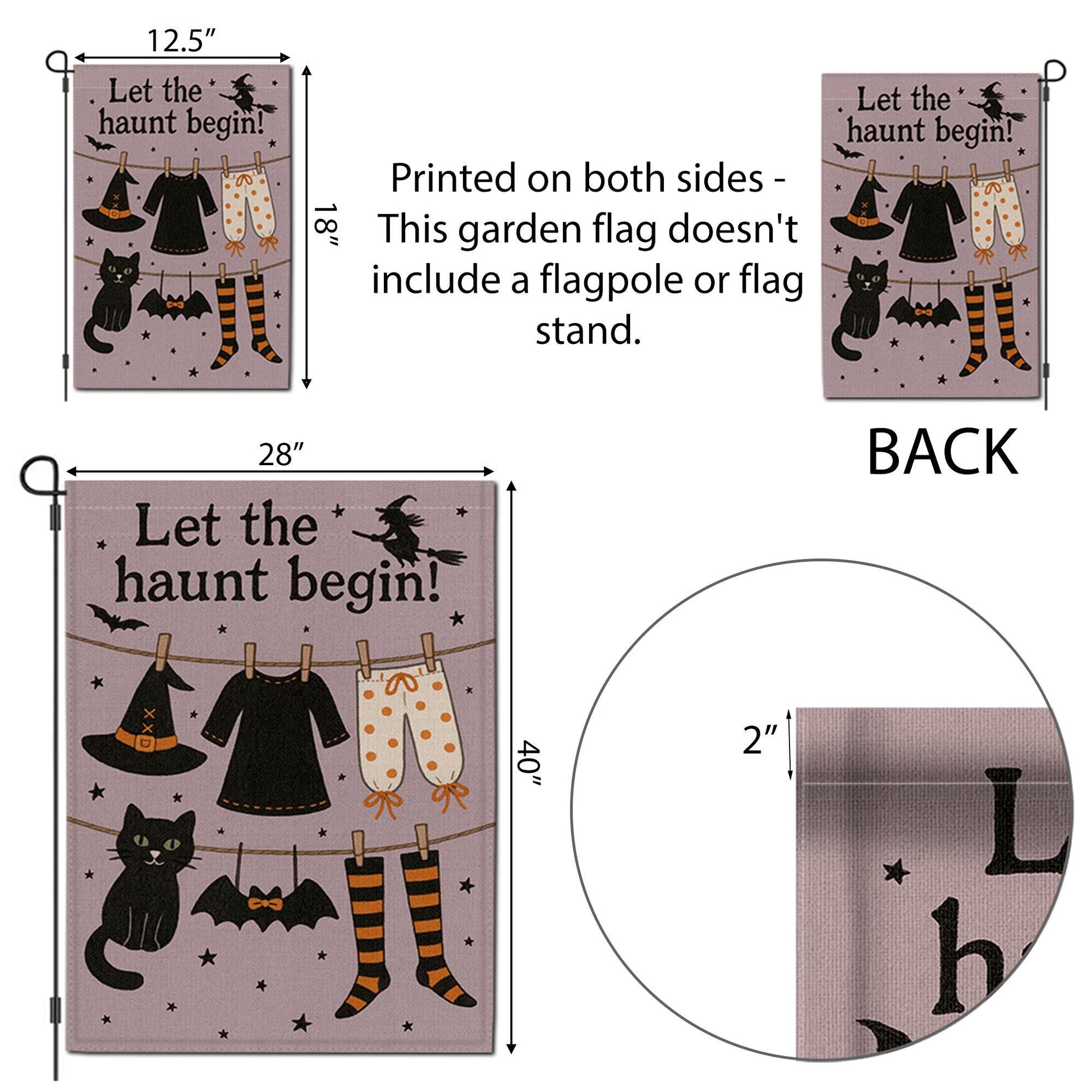 Let the Haunt Begin Garden Flag, Halloween Witch Clothesline Yard Decor, Spooky Fall Outdoor Flag, Cute Black Cat Halloween Sign