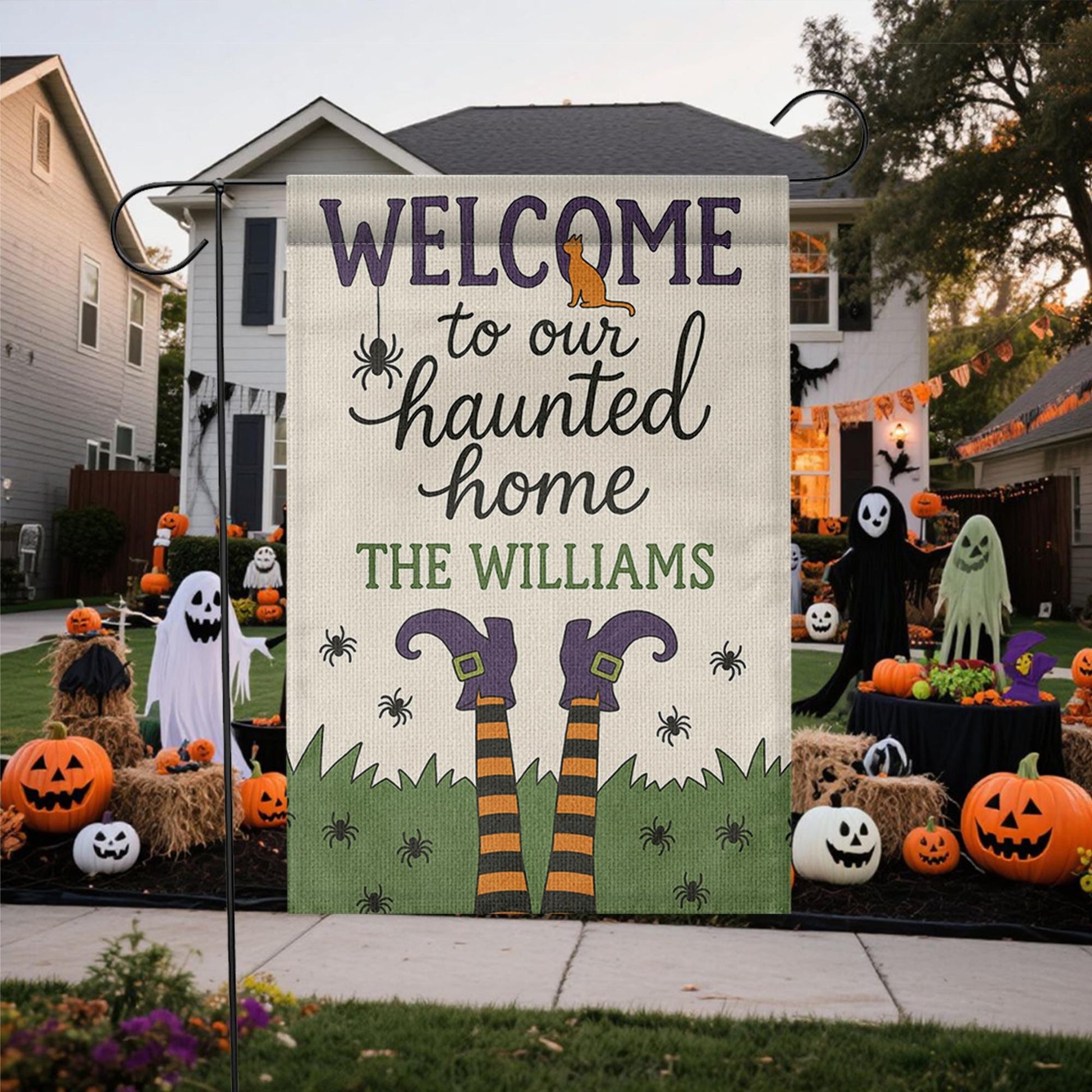 Welcome to Our Haunted Home Garden Flag, Personalized Halloween Yard Sign, Witch Legs Fall Outdoor Decor, Custom Spooky Flag