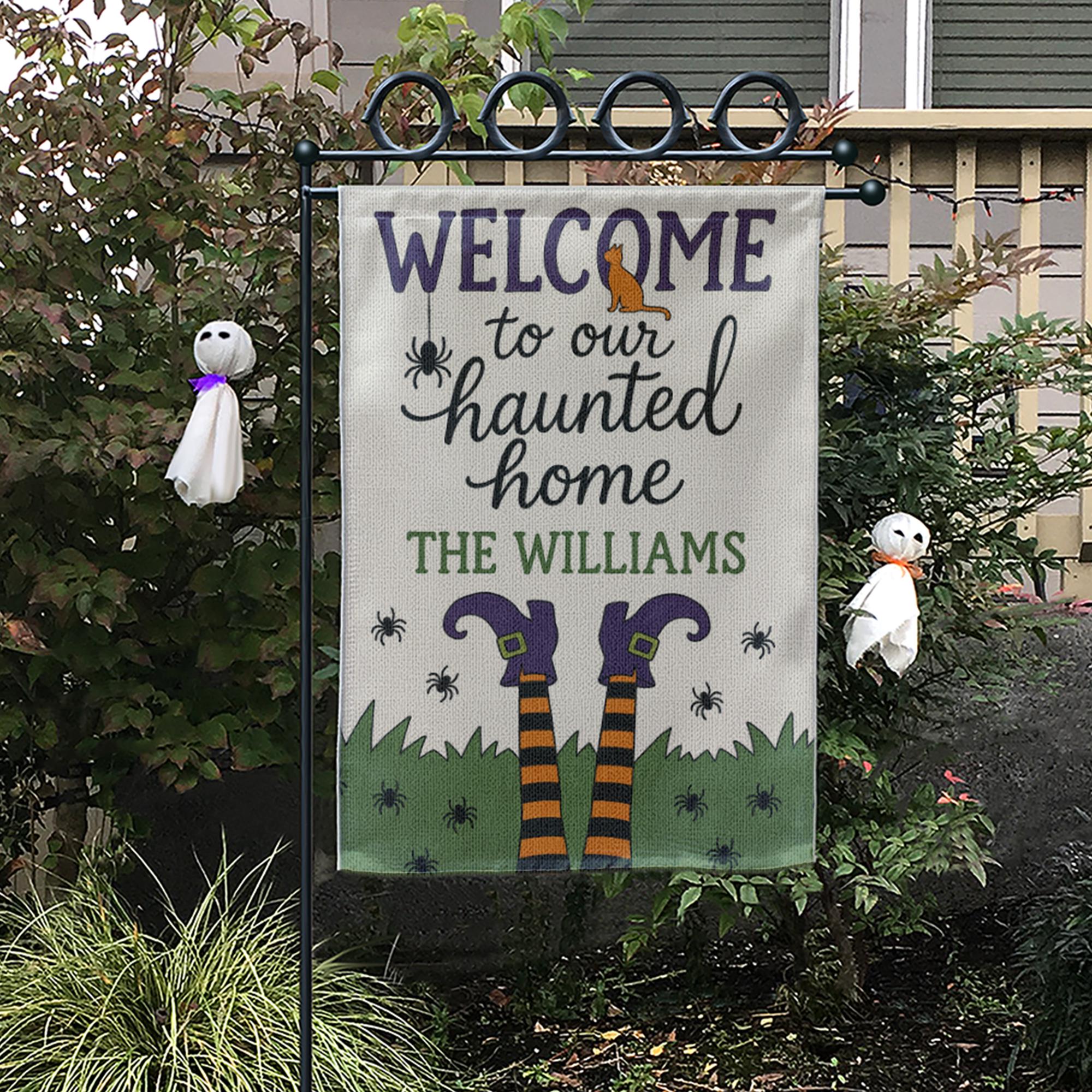 Welcome to Our Haunted Home Garden Flag, Personalized Halloween Yard Sign, Witch Legs Fall Outdoor Decor, Custom Spooky Flag