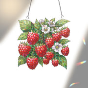 Raspberry Stained Glass Hologram Window Hanging – Faux Glass Berry Suncatcher, Kitchen Garden Decor, Botanical Window Art