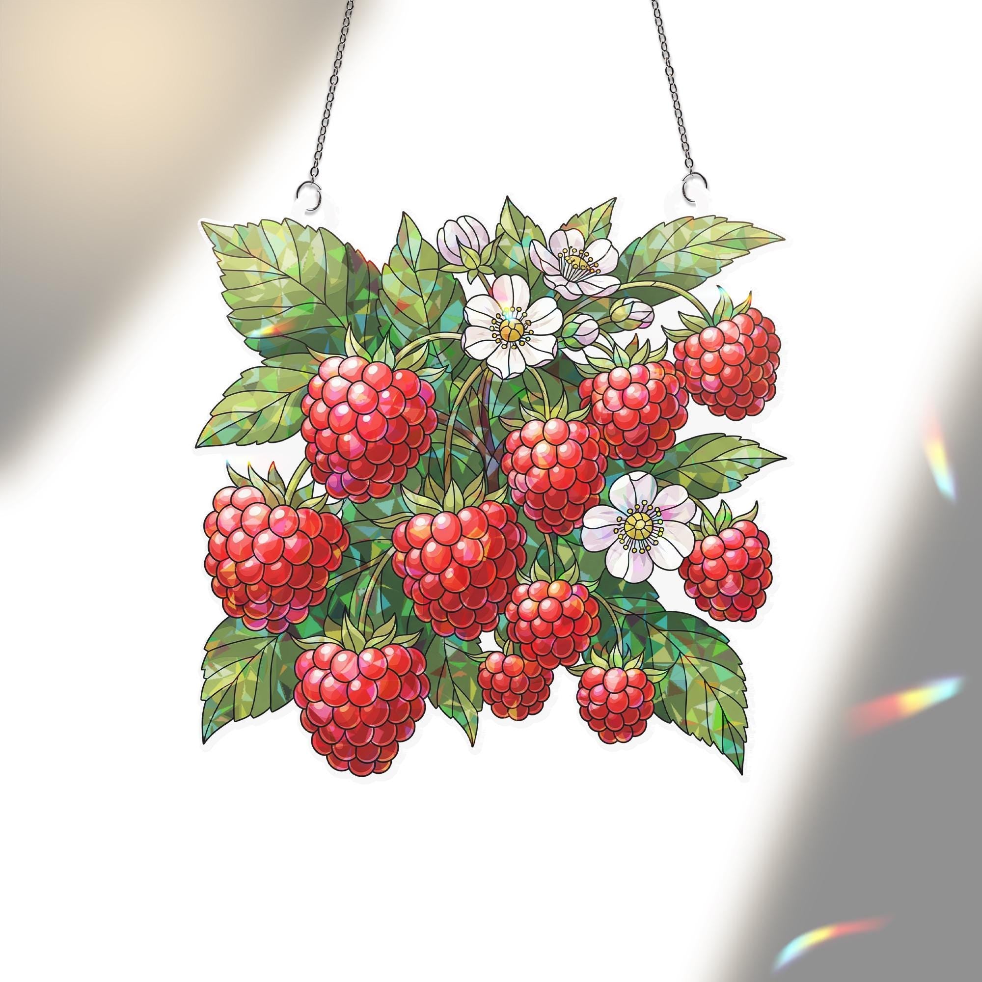 Raspberry Stained Glass Hologram Window Hanging – Faux Glass Berry Suncatcher, Kitchen Garden Decor, Botanical Window Art