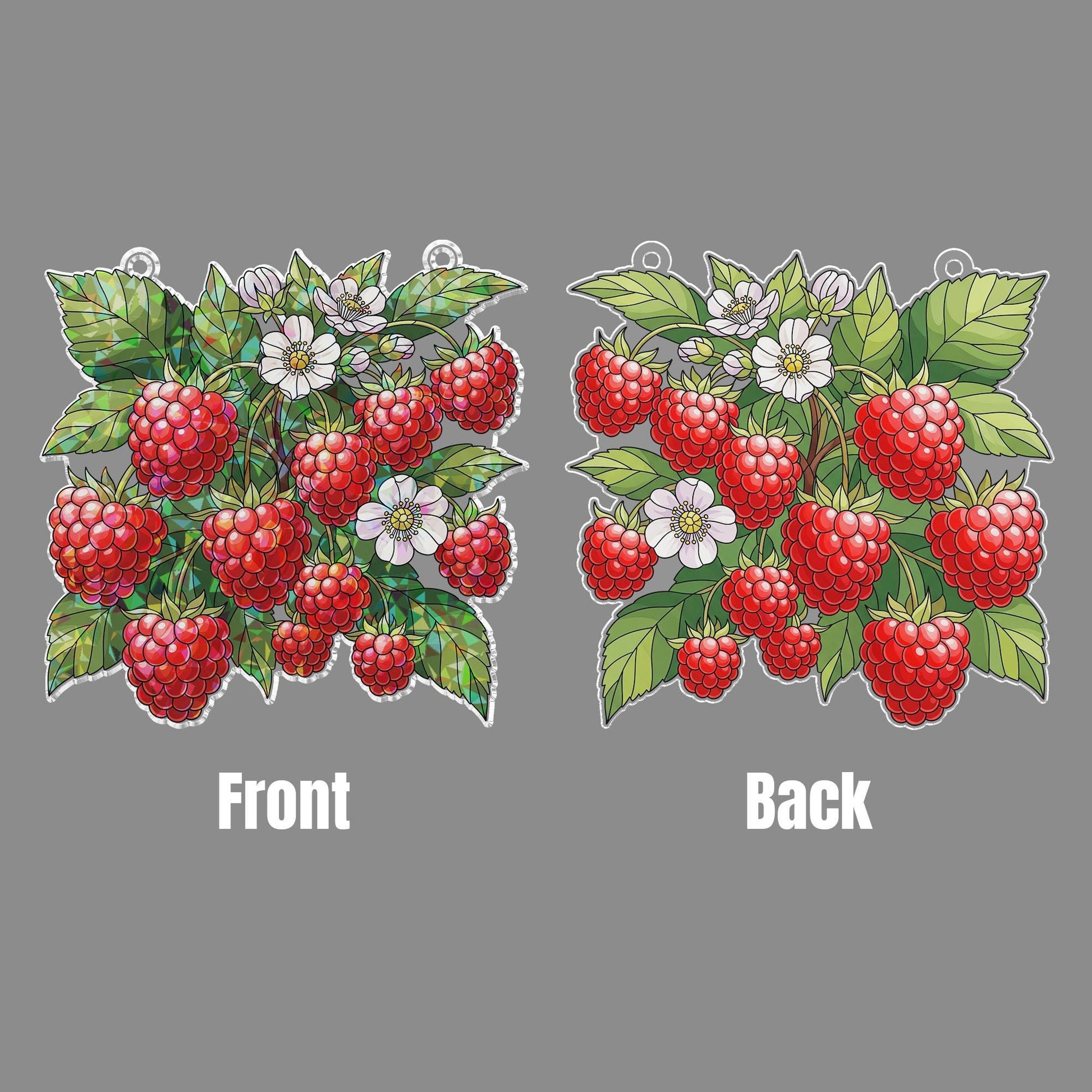 Raspberry Stained Glass Hologram Window Hanging – Faux Glass Berry Suncatcher, Kitchen Garden Decor, Botanical Window Art