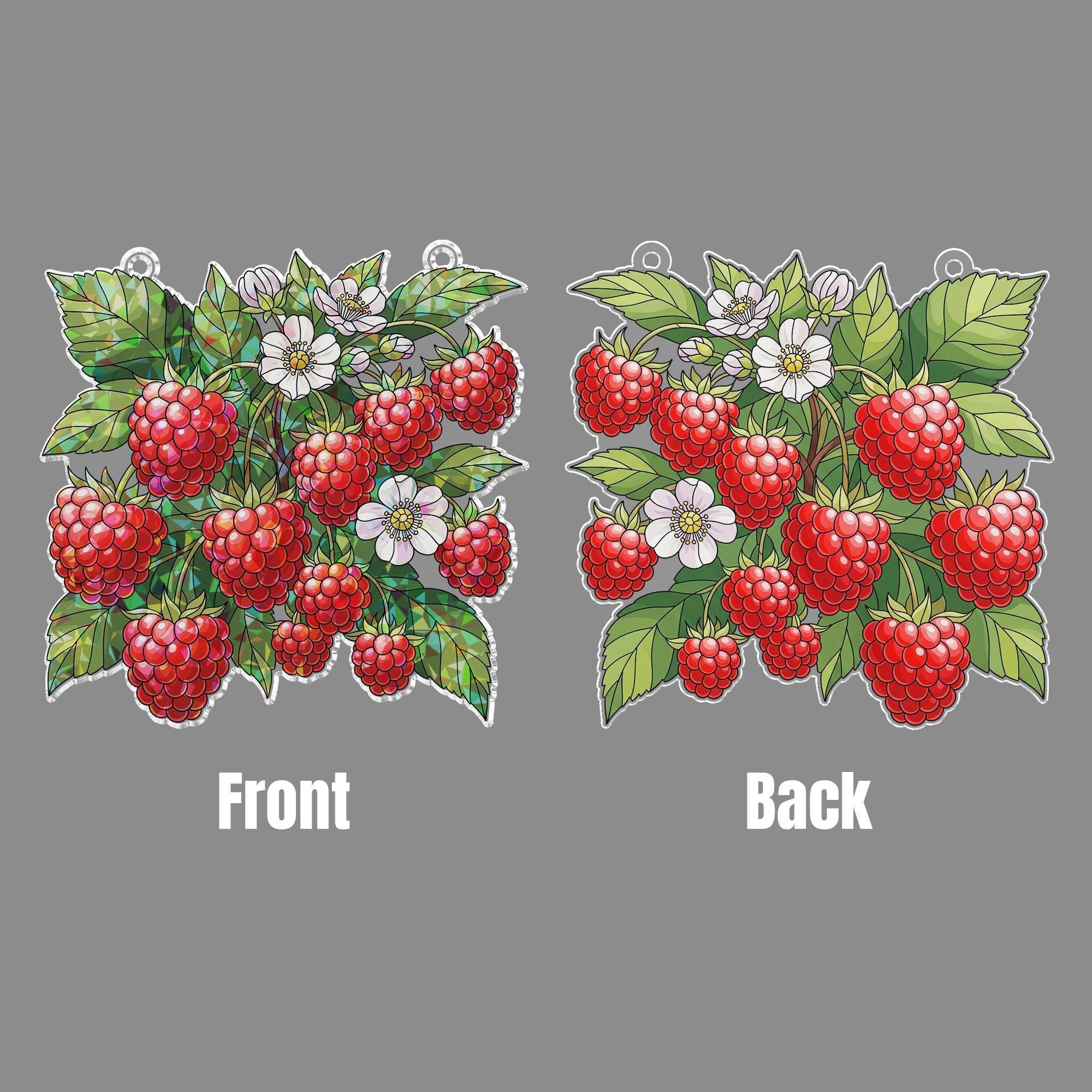 Raspberry Stained Glass Hologram Window Hanging – Faux Glass Berry Suncatcher, Kitchen Garden Decor, Botanical Window Art