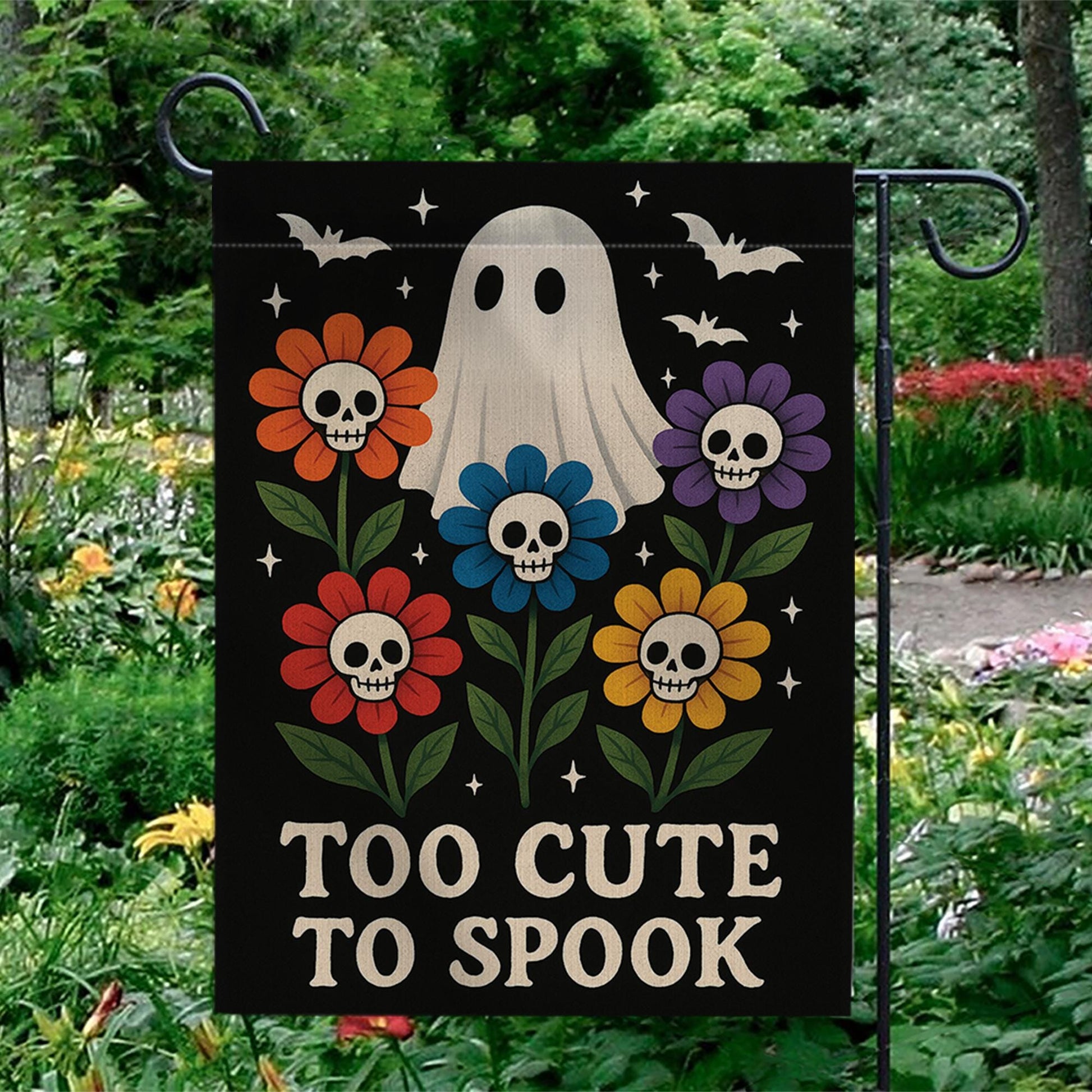Too Cute to Spook Garden Flag, Halloween Ghost Yard Sign, Floral Skull Outdoor Decor, Cute Spooky Fall Decoration for Garden or Lawn